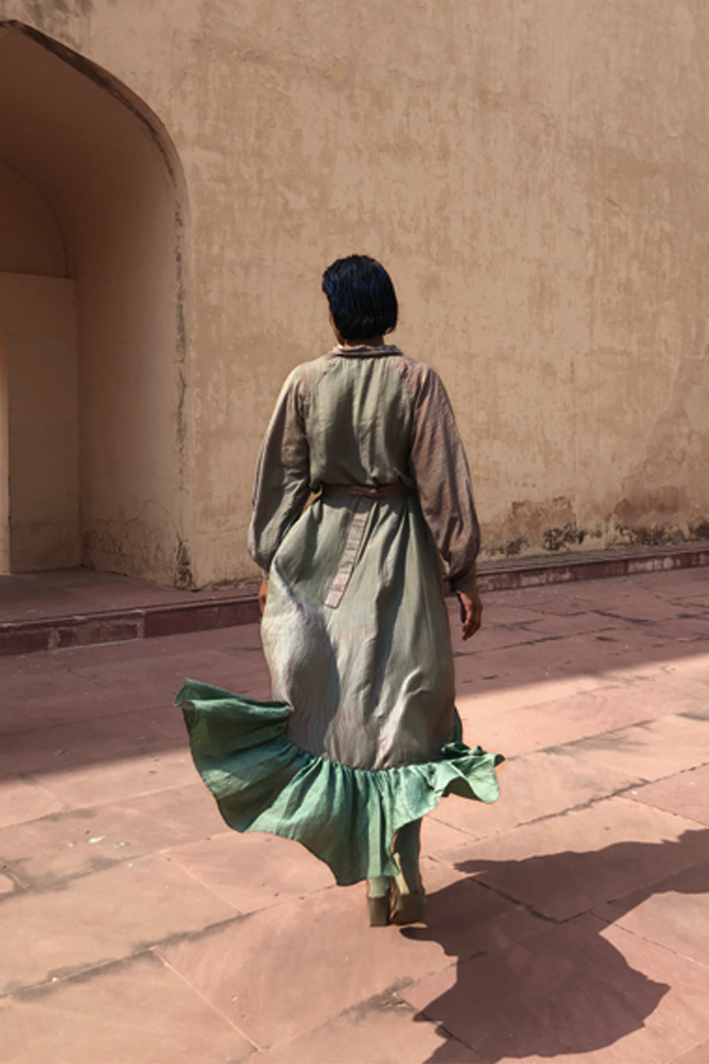 Blue Cotton Silk Shirt Dress by The Loom Art with Between The Lines by The Loom Art, Blue, Handwoven cotton silk, July Sale, July Sale 2023, Maxi Dresses, Natural, Ombre & Dyes, Party Wear, Regular Fit, Ruffle Dresses, Shirt Dresses, Womenswear at Kamakhyaa for sustainable fashion