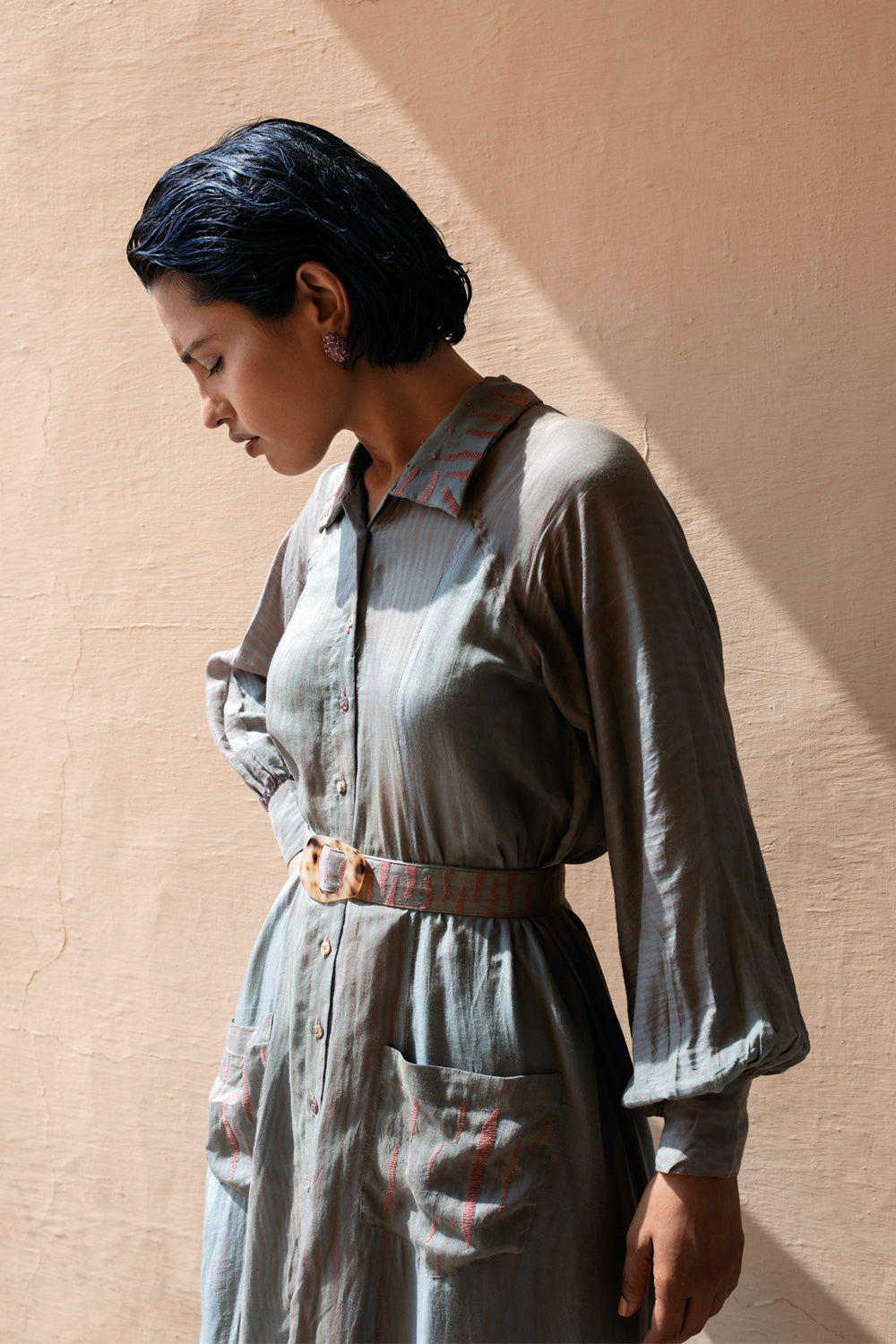 Blue Cotton Silk Shirt Dress by The Loom Art with Between The Lines by The Loom Art, Blue, Handwoven cotton silk, July Sale, July Sale 2023, Maxi Dresses, Natural, Ombre & Dyes, Party Wear, Regular Fit, Ruffle Dresses, Shirt Dresses, Womenswear at Kamakhyaa for sustainable fashion