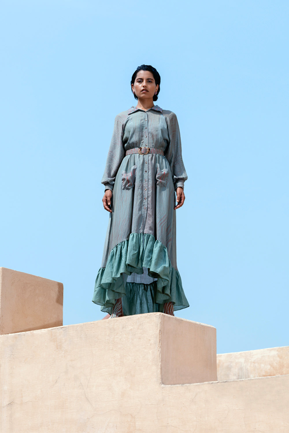 Blue Cotton Silk Shirt Dress by The Loom Art with Between The Lines by The Loom Art, Blue, Handwoven cotton silk, July Sale, July Sale 2023, Maxi Dresses, Natural, Ombre & Dyes, Party Wear, Regular Fit, Ruffle Dresses, Shirt Dresses, Womenswear at Kamakhyaa for sustainable fashion