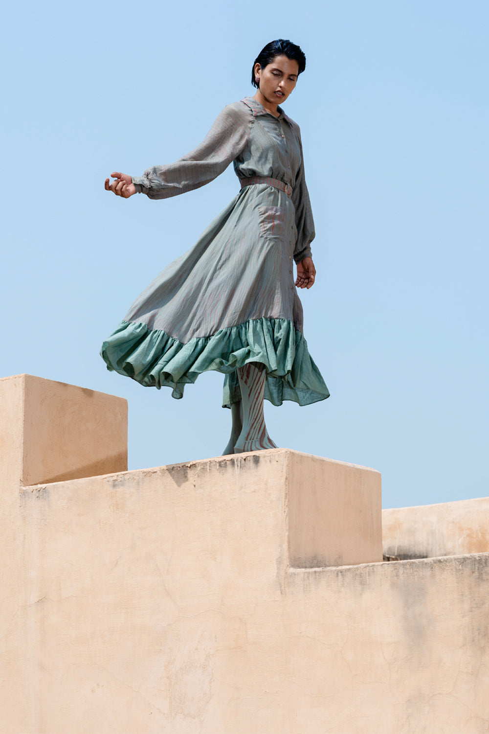 Blue Cotton Silk Shirt Dress by The Loom Art with Between The Lines by The Loom Art, Blue, Handwoven cotton silk, July Sale, July Sale 2023, Maxi Dresses, Natural, Ombre & Dyes, Party Wear, Regular Fit, Ruffle Dresses, Shirt Dresses, Womenswear at Kamakhyaa for sustainable fashion