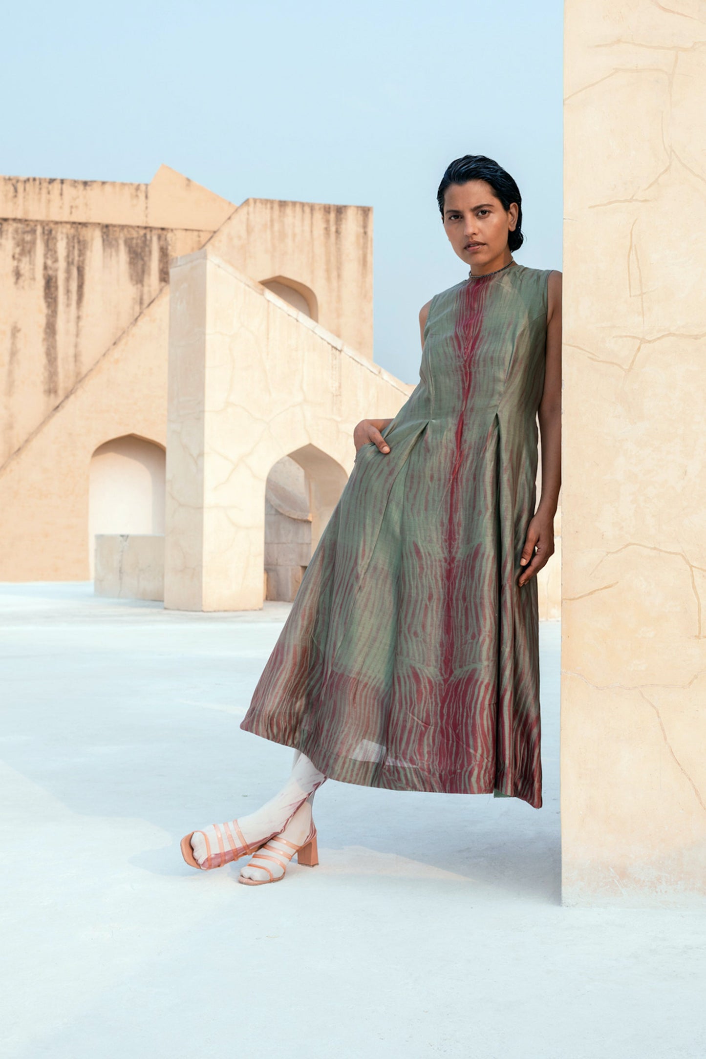Red Silk Midi Dress by The Loom Art with Between The Lines by The Loom Art, Chanderi Silk, Grey, July Sale, July Sale 2023, Natural, Ombre & Dyes, Party Wear, Red, Regular Fit, Sleeveless Dresses, Womenswear at Kamakhyaa for sustainable fashion