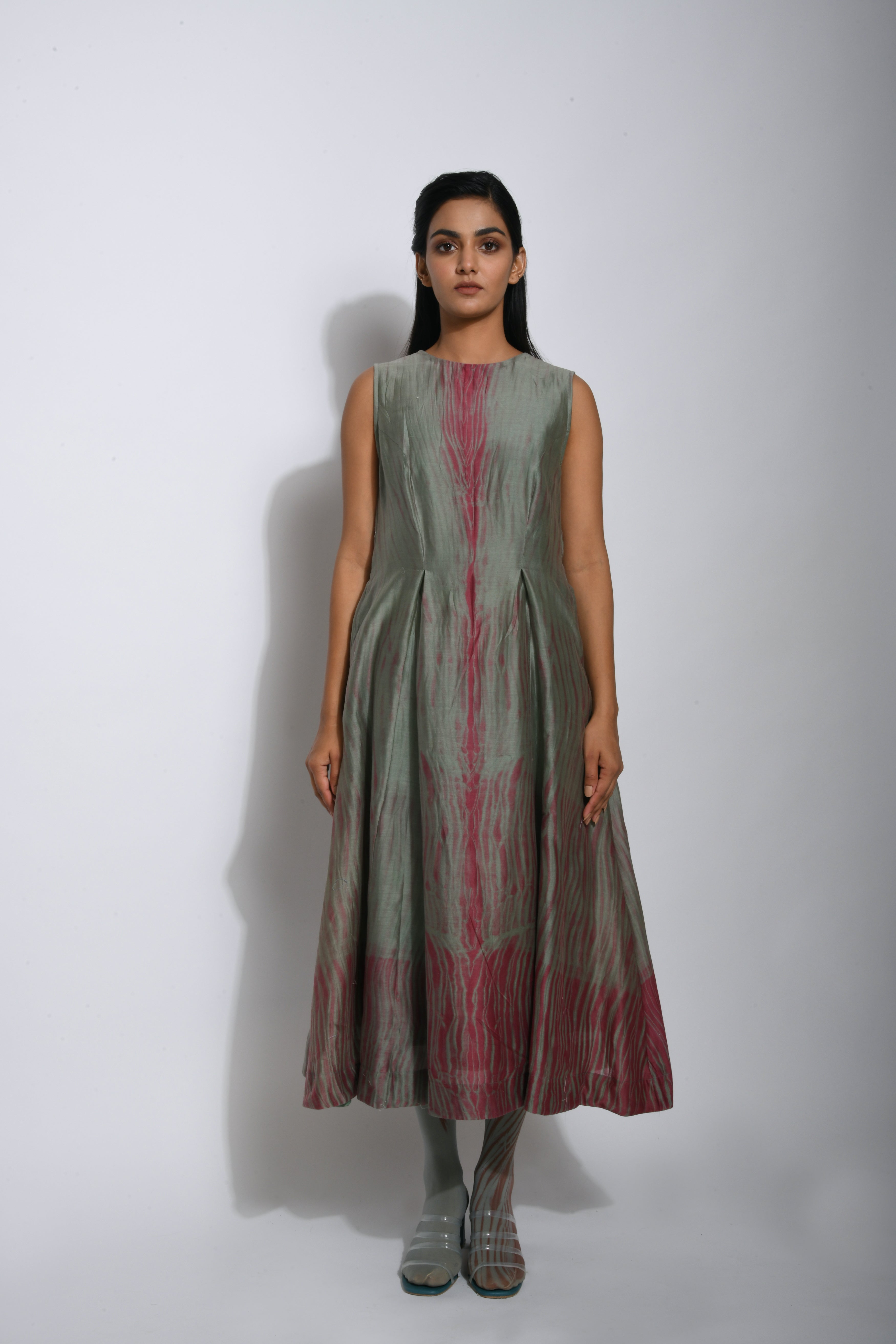 Red Silk Midi Dress by The Loom Art with Between The Lines by The Loom Art, Chanderi Silk, Grey, July Sale, July Sale 2023, Natural, Ombre & Dyes, Party Wear, Red, Regular Fit, Sleeveless Dresses, Womenswear at Kamakhyaa for sustainable fashion