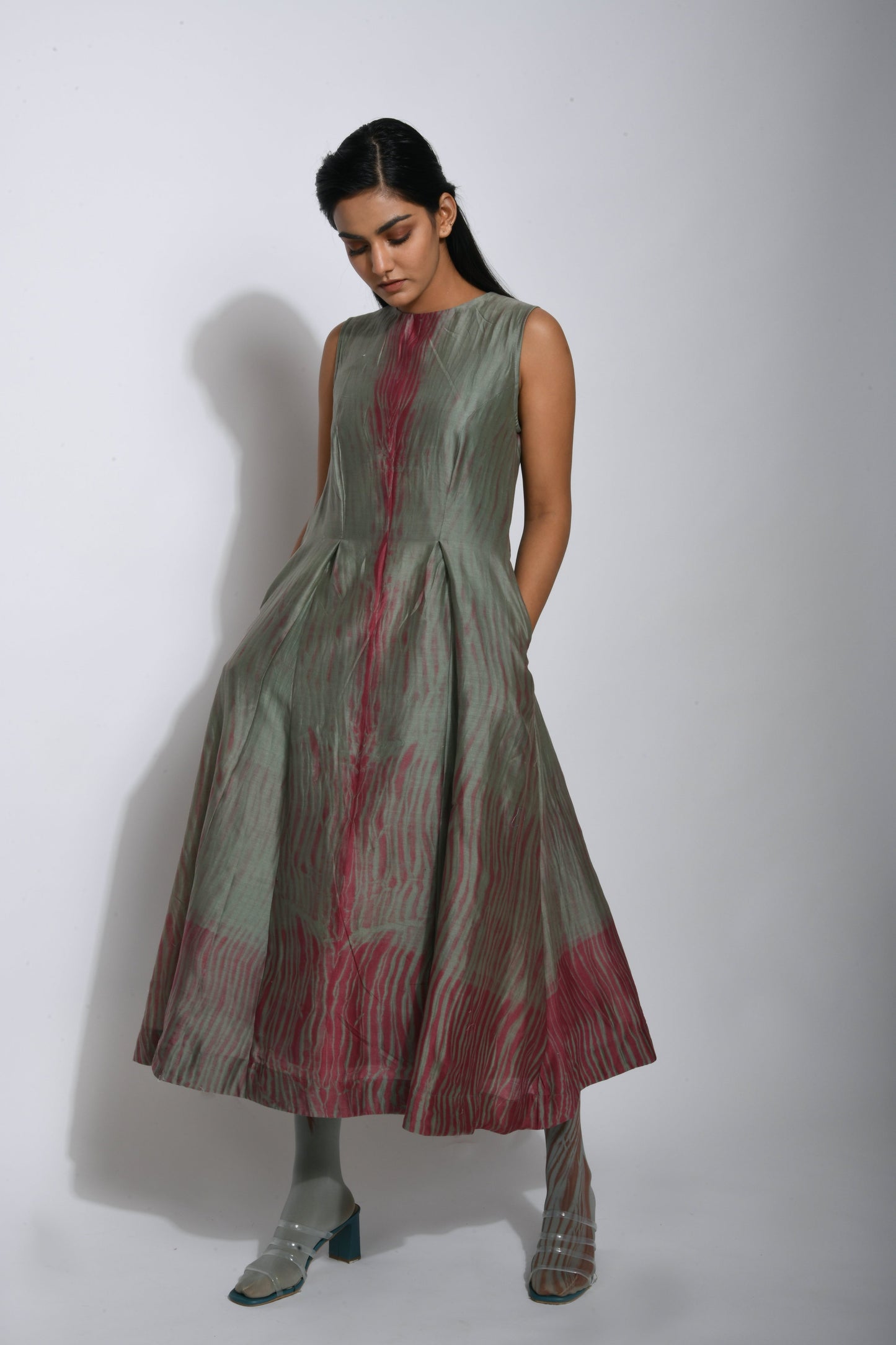 Red Silk Midi Dress by The Loom Art with Between The Lines by The Loom Art, Chanderi Silk, Grey, July Sale, July Sale 2023, Natural, Ombre & Dyes, Party Wear, Red, Regular Fit, Sleeveless Dresses, Womenswear at Kamakhyaa for sustainable fashion