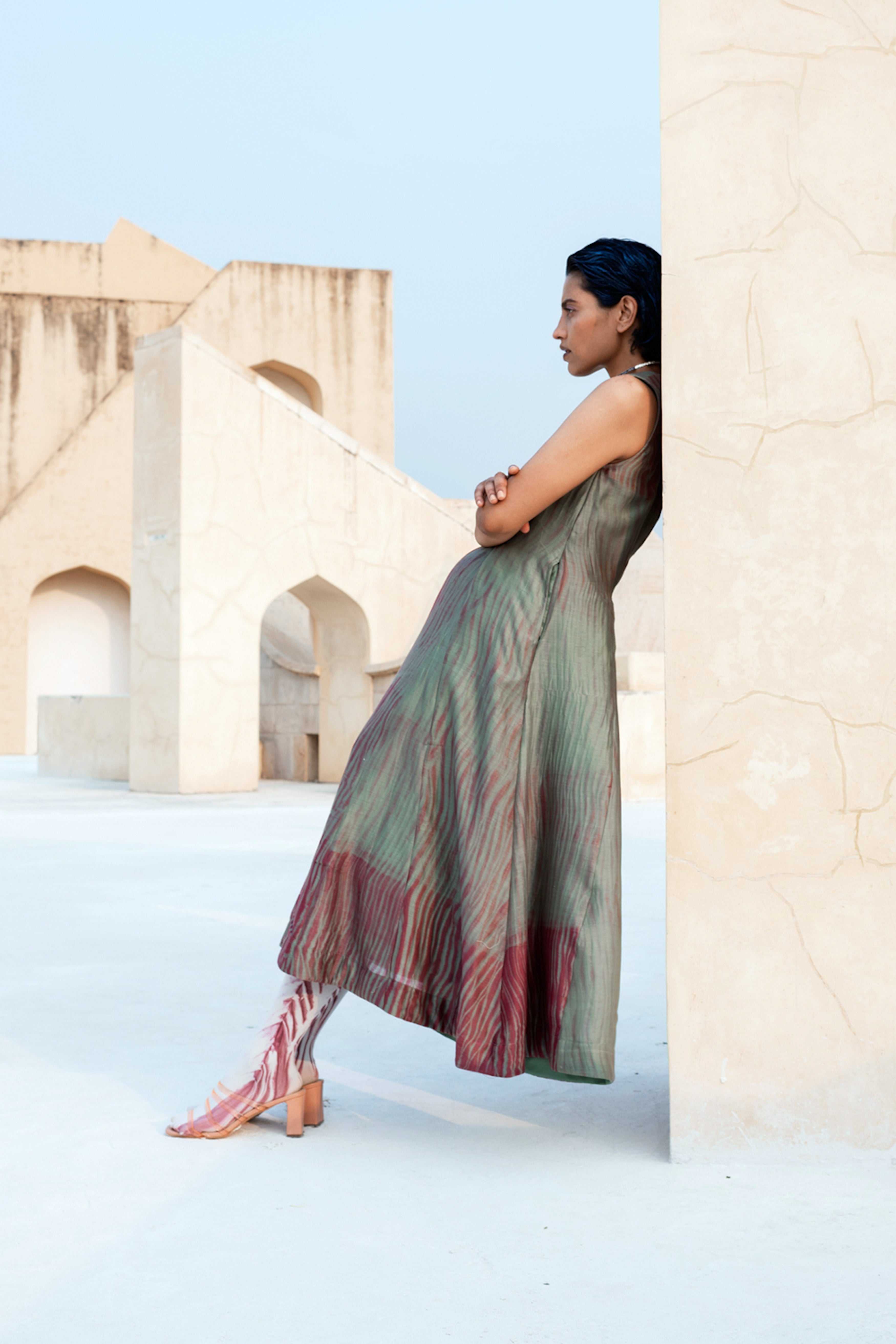 Red Silk Midi Dress by The Loom Art with Between The Lines by The Loom Art, Chanderi Silk, Grey, July Sale, July Sale 2023, Natural, Ombre & Dyes, Party Wear, Red, Regular Fit, Sleeveless Dresses, Womenswear at Kamakhyaa for sustainable fashion