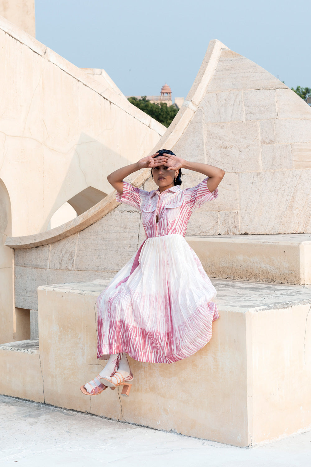 Pink Textured Midi Dress by The Loom Art with Between The Lines by The Loom Art, Chanderi Silk, July Sale, July Sale 2023, Midi Dresses, Natural, Ombre & Dyes, Party Wear, Pink, Printed Selfsame, Regular Fit, Shirt Dresses, Womenswear at Kamakhyaa for sustainable fashion