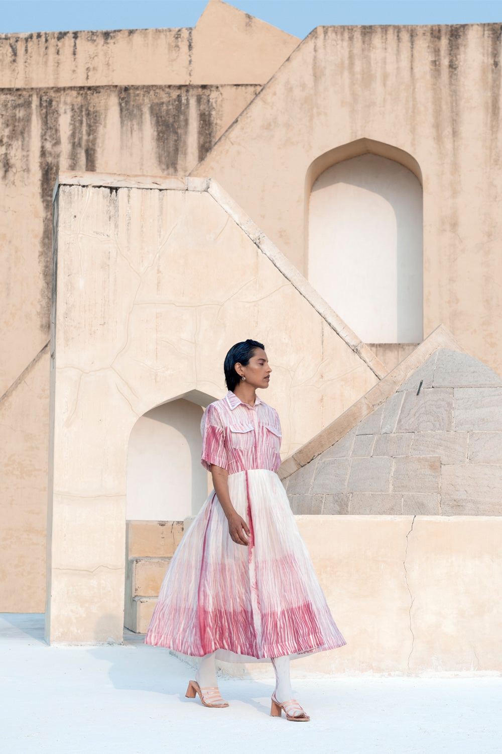 Pink Textured Midi Dress by The Loom Art with Between The Lines by The Loom Art, Chanderi Silk, July Sale, July Sale 2023, Midi Dresses, Natural, Ombre & Dyes, Party Wear, Pink, Printed Selfsame, Regular Fit, Shirt Dresses, Womenswear at Kamakhyaa for sustainable fashion