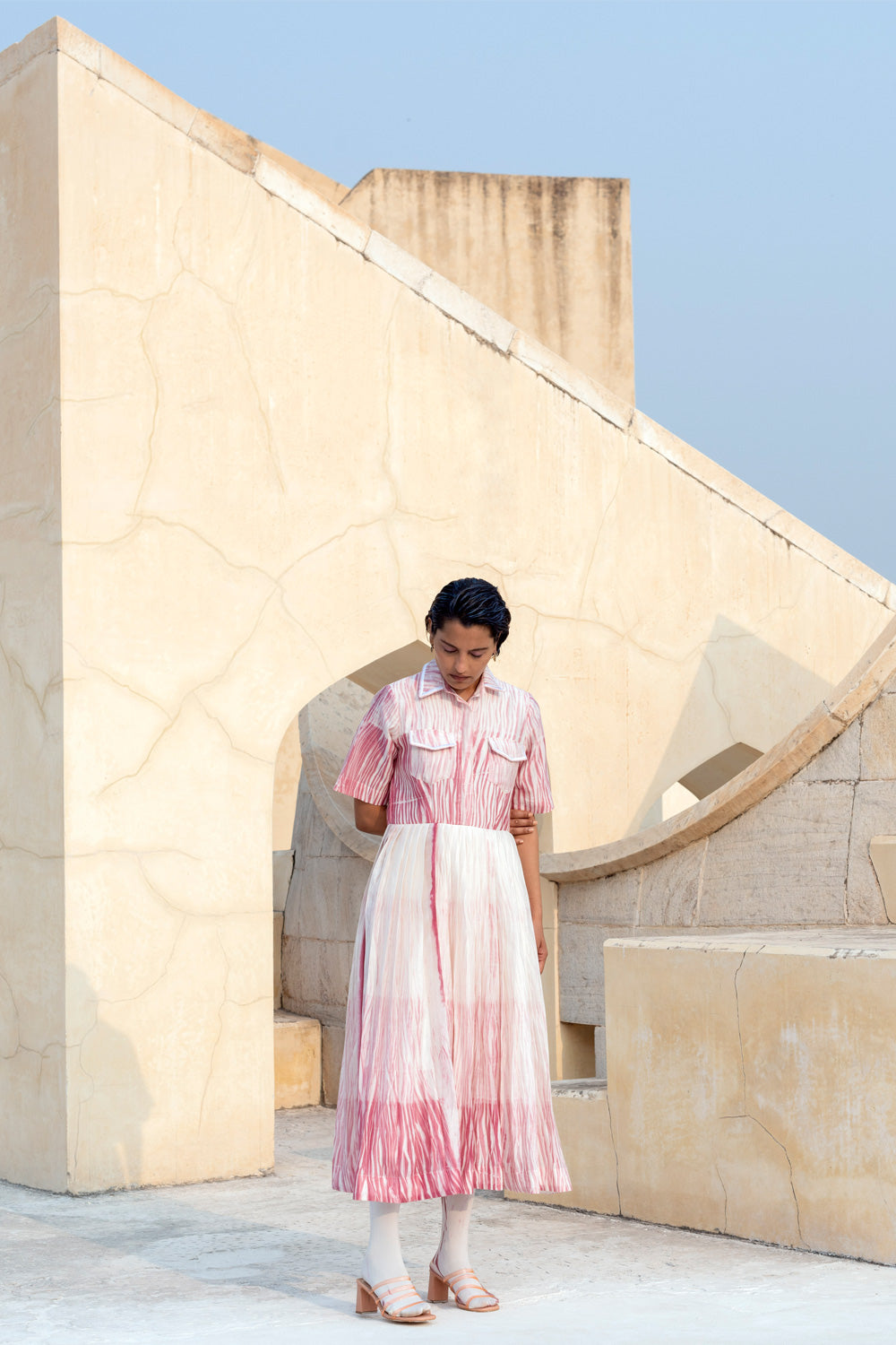 Pink Textured Midi Dress by The Loom Art with Between The Lines by The Loom Art, Chanderi Silk, July Sale, July Sale 2023, Midi Dresses, Natural, Ombre & Dyes, Party Wear, Pink, Printed Selfsame, Regular Fit, Shirt Dresses, Womenswear at Kamakhyaa for sustainable fashion