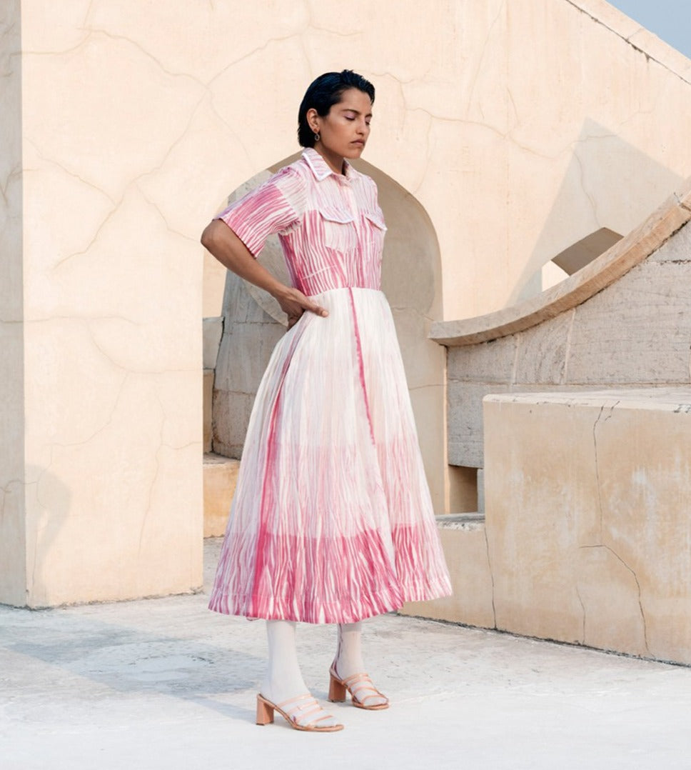 Pink Textured Midi Dress by The Loom Art with Between The Lines by The Loom Art, Chanderi Silk, July Sale, July Sale 2023, Midi Dresses, Natural, Ombre & Dyes, Party Wear, Pink, Printed Selfsame, Regular Fit, Shirt Dresses, Womenswear at Kamakhyaa for sustainable fashion