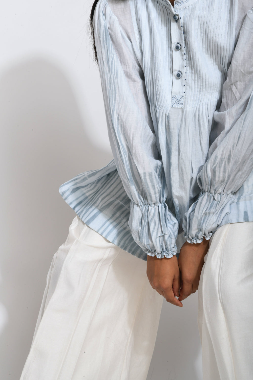 Blue Textured Top by The Loom Art with Best Selling, Between The Lines by The Loom Art, Blue, For Mother, For Mother W, Handwoven cotton silk, July Sale, July Sale 2023, Natural, Party Wear, Regular Fit, Solids, Tops, Tunic Tops, Womenswear at Kamakhyaa for sustainable fashion