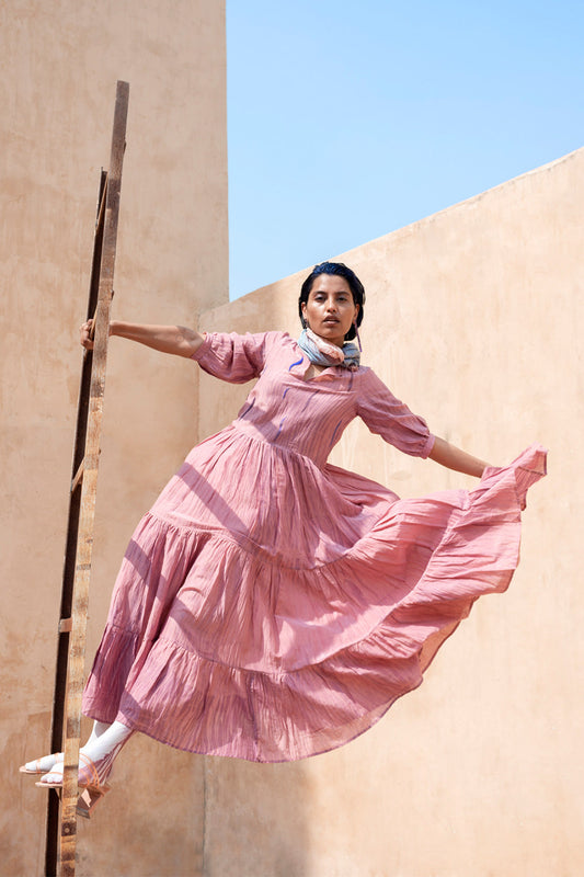 Pink Embroidered Tiered Dress by The Loom Art with Best Selling, Between The Lines by The Loom Art, FB ADS JUNE, Handwoven cotton silk, July Sale, July Sale 2023, Maxi Dresses, Natural, Party Wear, Pink, Regular Fit, Solids, Tiered Dresses, Womenswear at Kamakhyaa for sustainable fashion