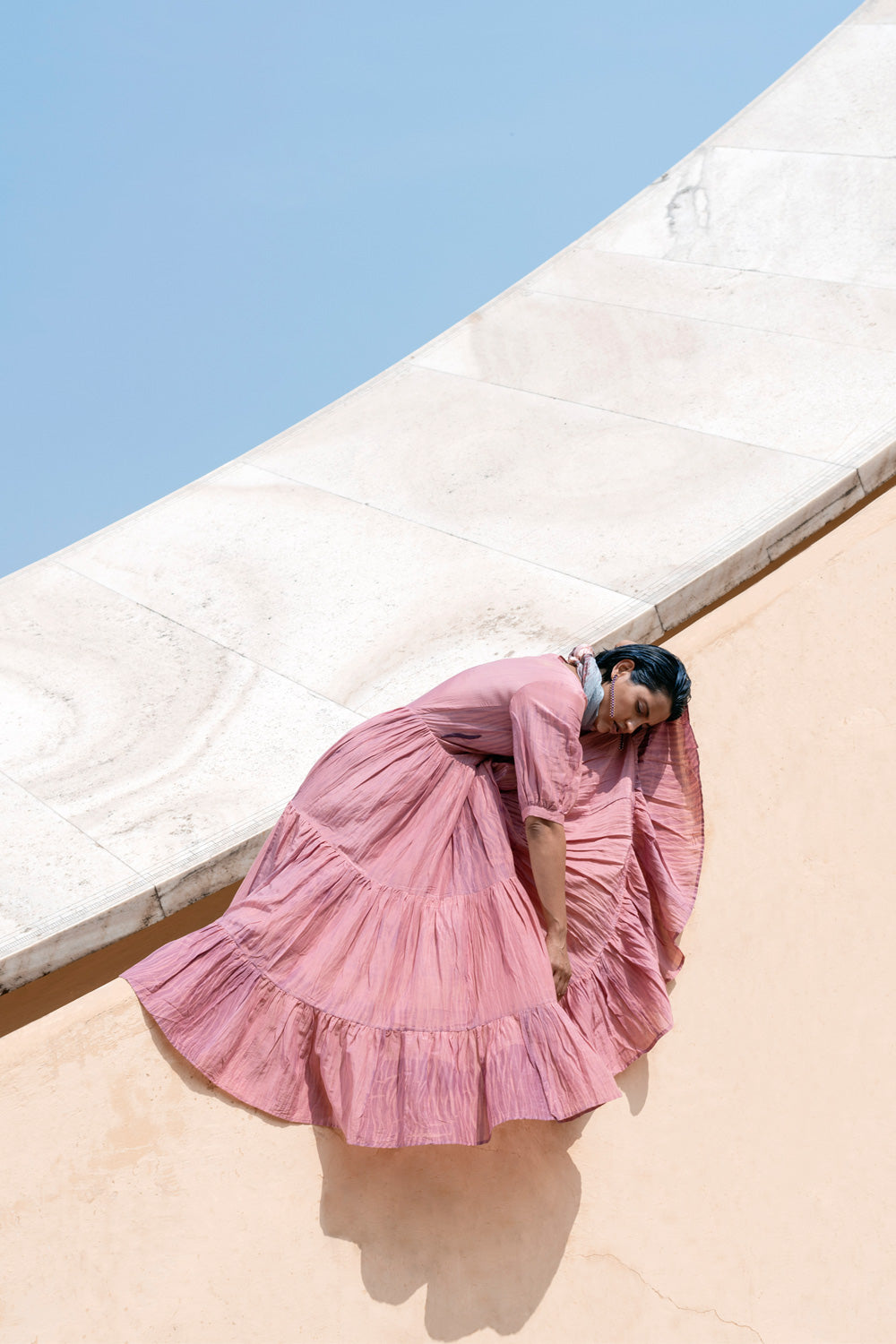 Pink Embroidered Tiered Dress by The Loom Art with Best Selling, Between The Lines by The Loom Art, FB ADS JUNE, Handwoven cotton silk, July Sale, July Sale 2023, Maxi Dresses, Natural, Party Wear, Pink, Regular Fit, Solids, Tiered Dresses, Womenswear at Kamakhyaa for sustainable fashion