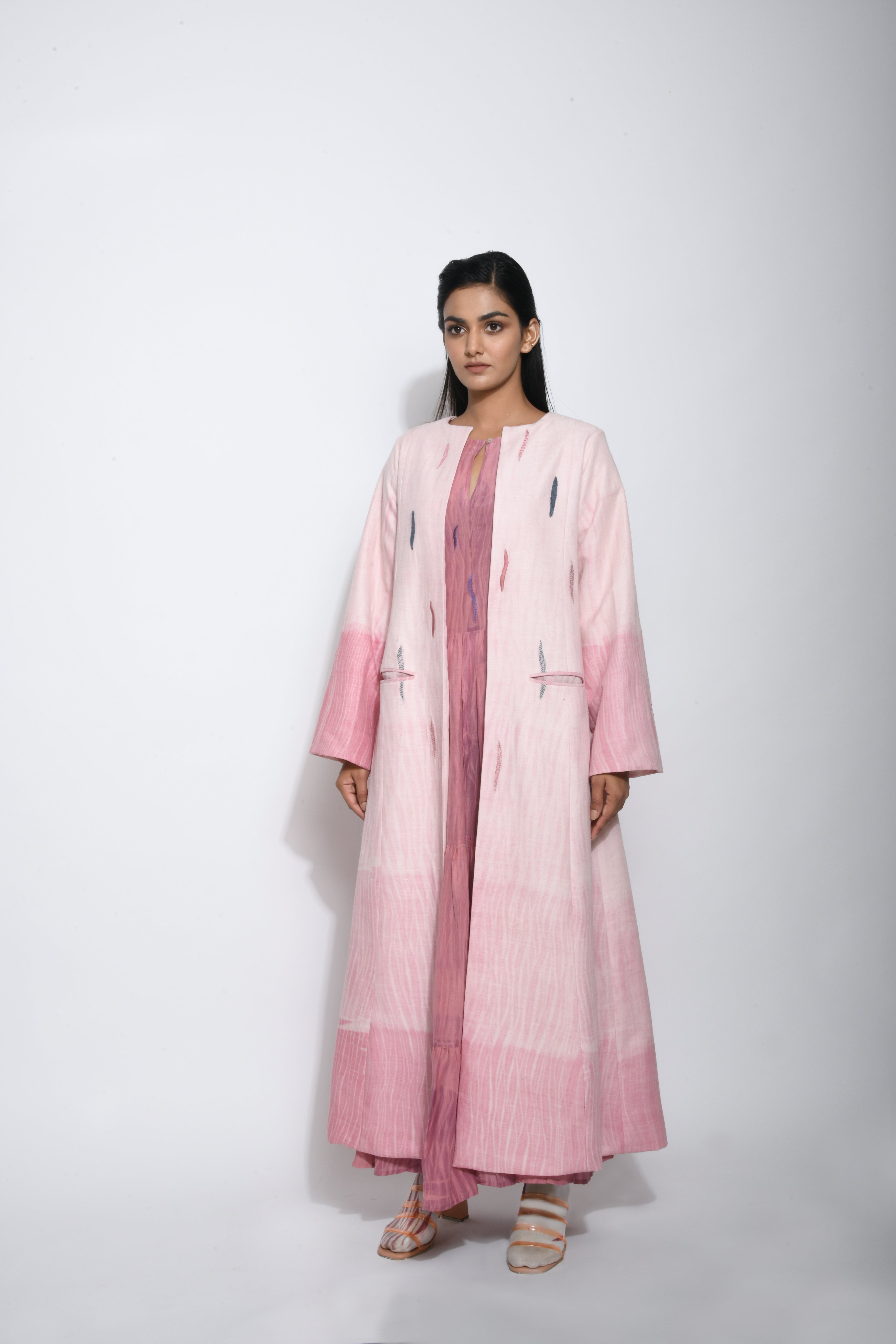 Pink Embroidered Long Jacket by The Loom Art with Between The Lines by The Loom Art, Coats, Embroidered, July Sale, July Sale 2023, Matka Silk, Natural, Party Wear, Pink, Regular Fit, Womenswear at Kamakhyaa for sustainable fashion