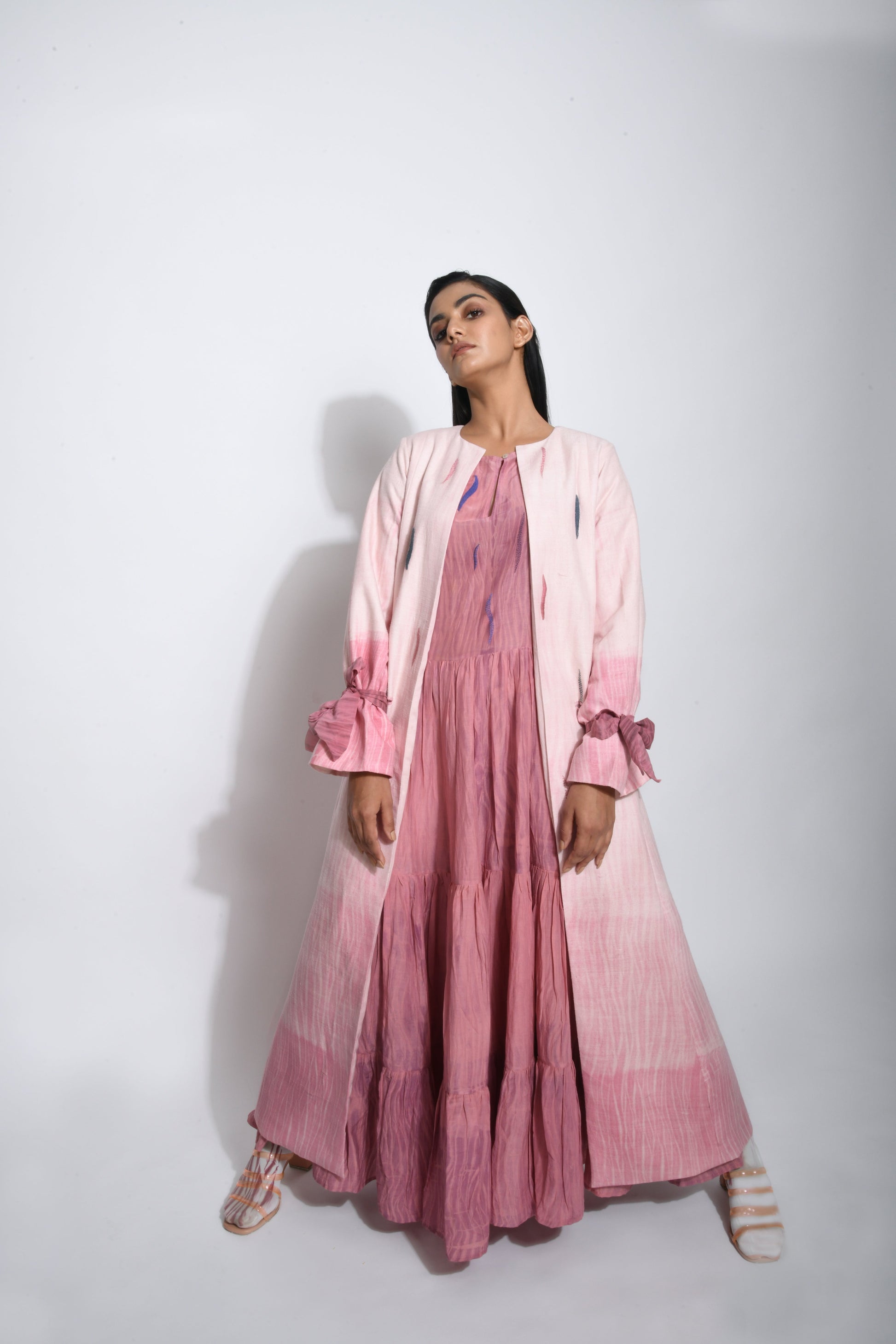 Pink Embroidered Long Jacket by The Loom Art with Between The Lines by The Loom Art, Coats, Embroidered, July Sale, July Sale 2023, Matka Silk, Natural, Party Wear, Pink, Regular Fit, Womenswear at Kamakhyaa for sustainable fashion