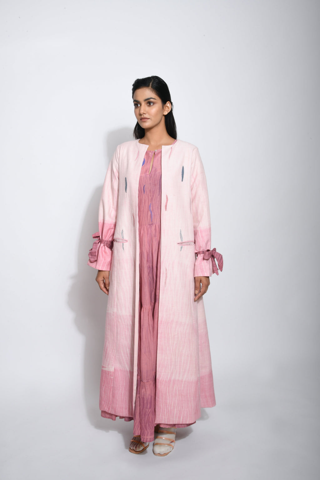 Pink Embroidered Long Jacket by The Loom Art with Between The Lines by The Loom Art, Coats, Embroidered, July Sale, July Sale 2023, Matka Silk, Natural, Party Wear, Pink, Regular Fit, Womenswear at Kamakhyaa for sustainable fashion