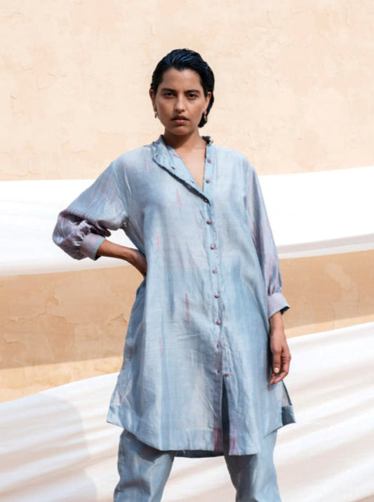 Blue Embroidered Silk Shirt by The Loom Art with Best Selling, Between The Lines by The Loom Art, Blue, Chanderi Silk, July Sale, July Sale 2023, Natural, Party Wear, Regular Fit, Shirts, Solids, Tops, Womenswear at Kamakhyaa for sustainable fashion