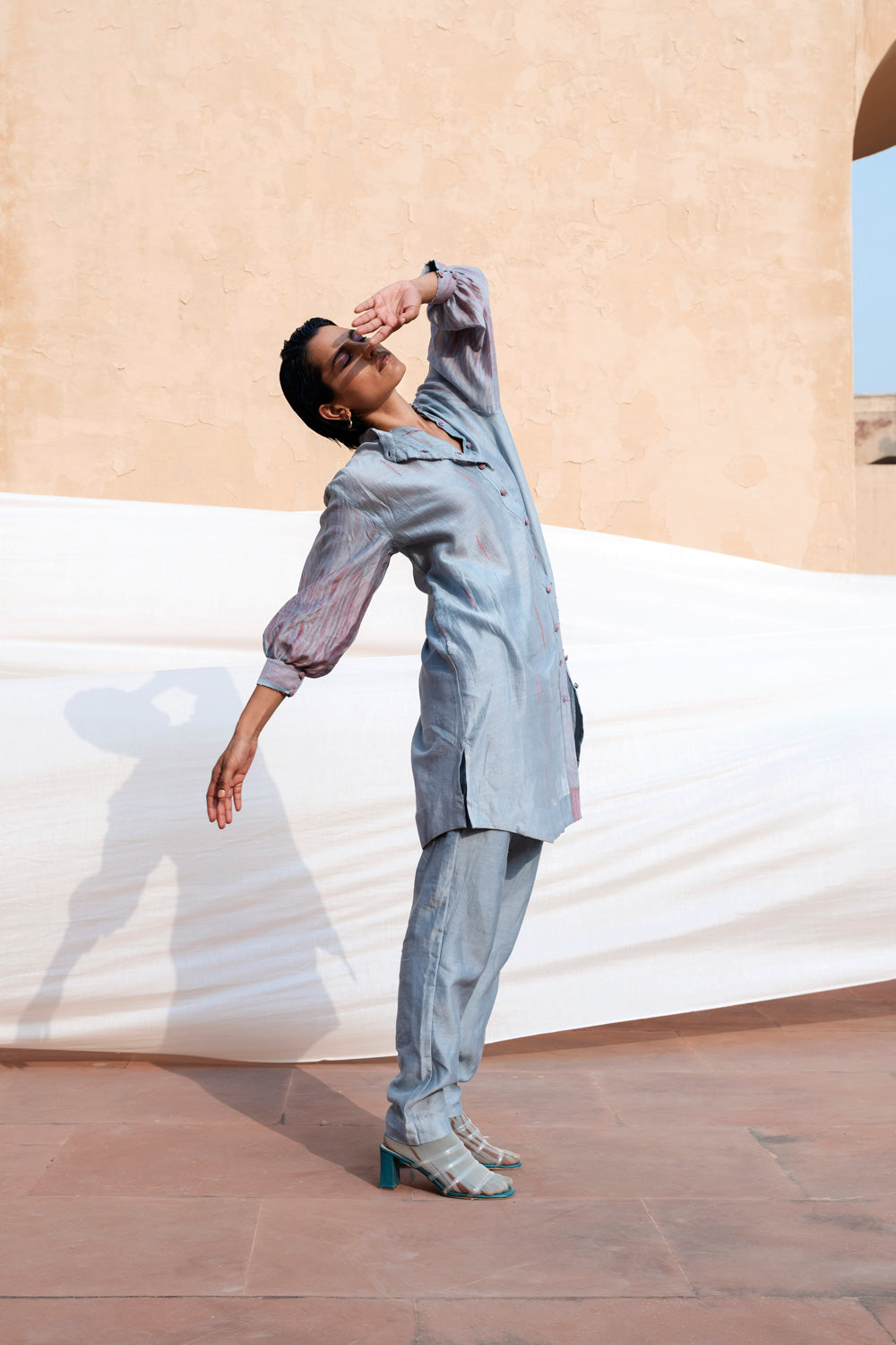 Blue Embroidered Silk Shirt by The Loom Art with Best Selling, Between The Lines by The Loom Art, Blue, Chanderi Silk, July Sale, July Sale 2023, Natural, Party Wear, Regular Fit, Shirts, Solids, Tops, Womenswear at Kamakhyaa for sustainable fashion