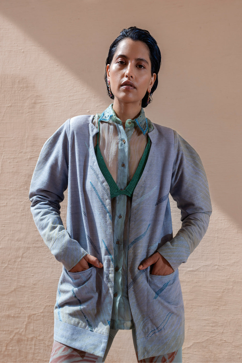 Blue Embroidered Jacket by The Loom Art with Between The Lines by The Loom Art, Blue, Embroidered, Jackets, July Sale, July Sale 2023, Matka SilK, Natural, Party Wear, Regular Fit, Womenswear at Kamakhyaa for sustainable fashion