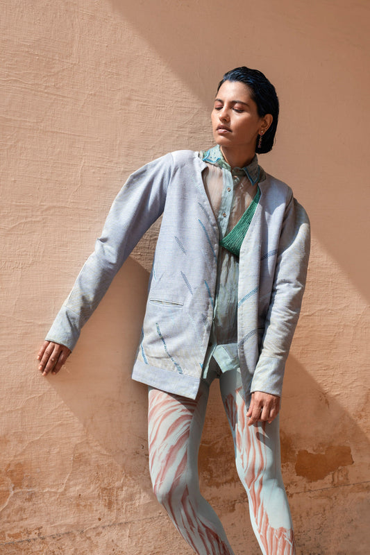 Blue Embroidered Jacket by The Loom Art with Between The Lines by The Loom Art, Blue, Embroidered, Jackets, July Sale, July Sale 2023, Matka SilK, Natural, Party Wear, Regular Fit, Womenswear at Kamakhyaa for sustainable fashion