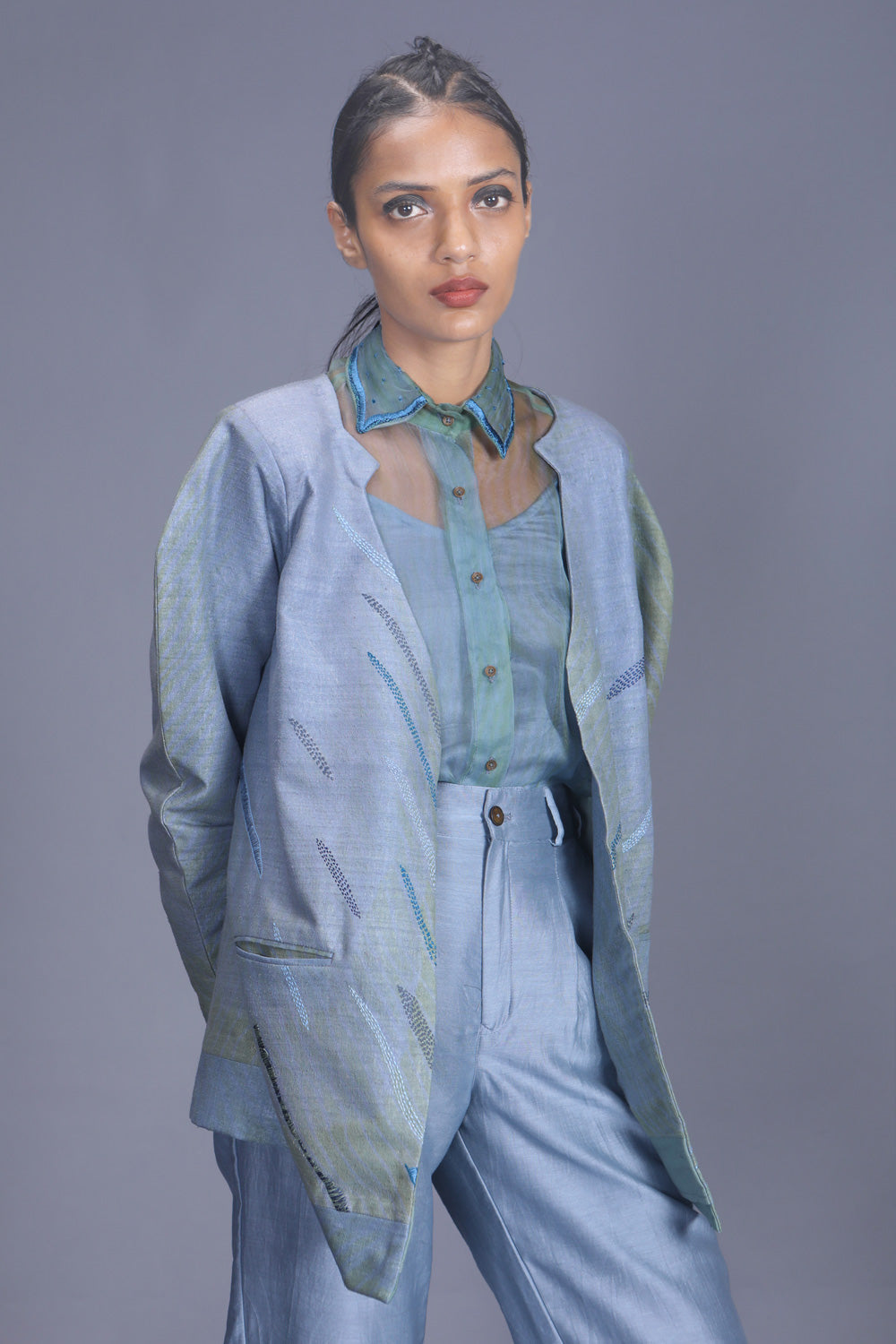 Blue Embroidered Jacket by The Loom Art with Between The Lines by The Loom Art, Blue, Embroidered, Jackets, July Sale, July Sale 2023, Matka SilK, Natural, Party Wear, Regular Fit, Womenswear at Kamakhyaa for sustainable fashion