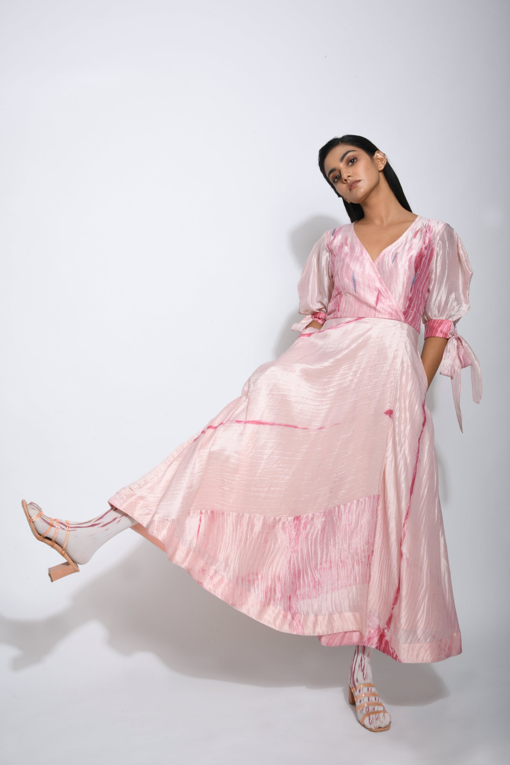 Pink Embroidered Textured Dress by The Loom Art with Between The Lines by The Loom Art, Chanderi Silk, July Sale, July Sale 2023, Maxi Dresses, Natural, Party Wear, Pink, Printed Selfsame, Regular Fit, Textured, Womenswear at Kamakhyaa for sustainable fashion