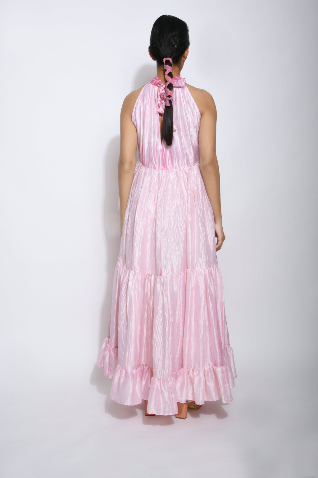 Pink Tiered Dress by The Loom Art with Between The Lines by The Loom Art, Halter Neck Dresses, July Sale, July Sale 2023, Maxi Dresses, Natural, Party Wear, Pink, Regular Fit, Silk, Tiered Dresses, Womenswear at Kamakhyaa for sustainable fashion