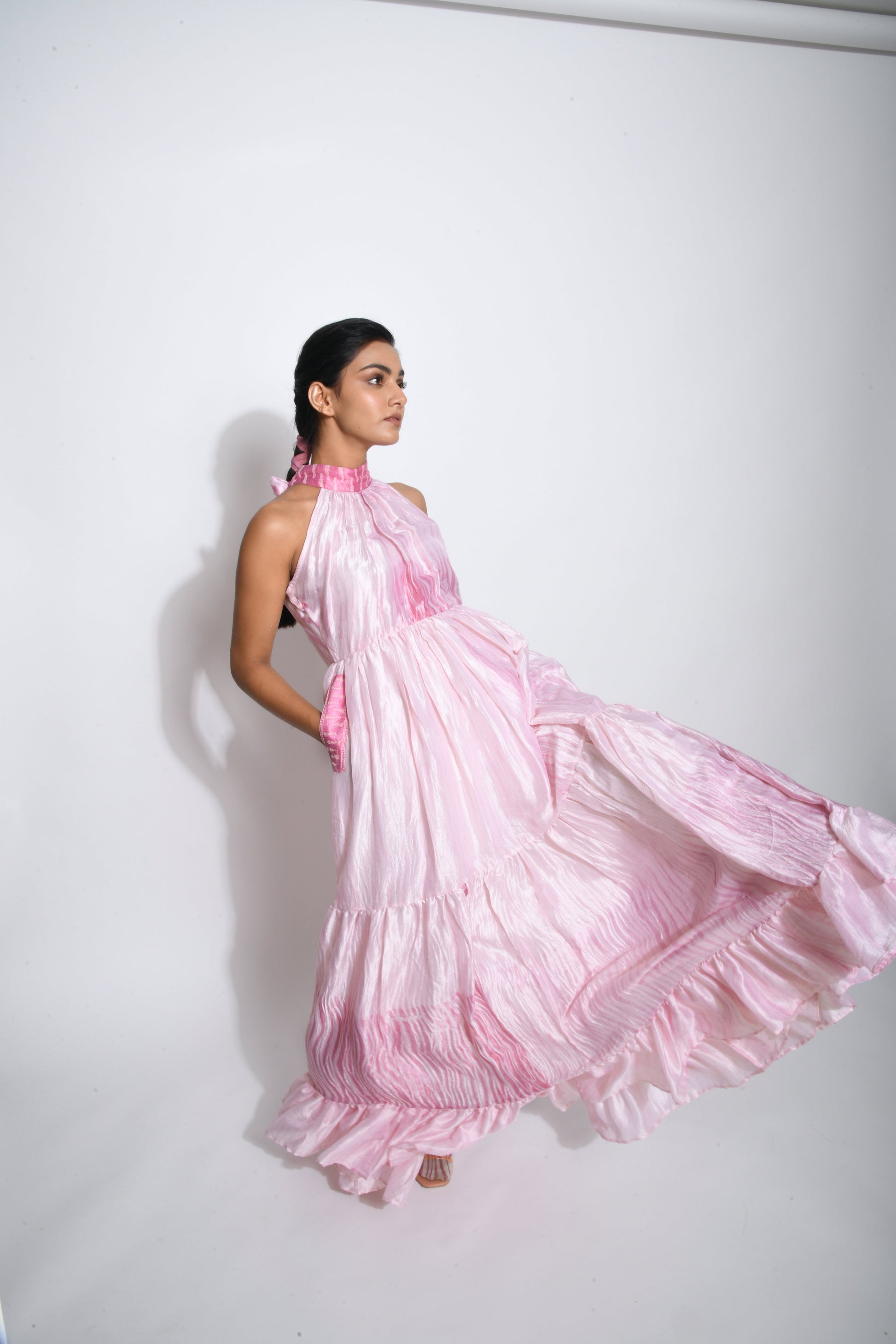 Pink Tiered Dress by The Loom Art with Between The Lines by The Loom Art, Halter Neck Dresses, July Sale, July Sale 2023, Maxi Dresses, Natural, Party Wear, Pink, Regular Fit, Silk, Tiered Dresses, Womenswear at Kamakhyaa for sustainable fashion