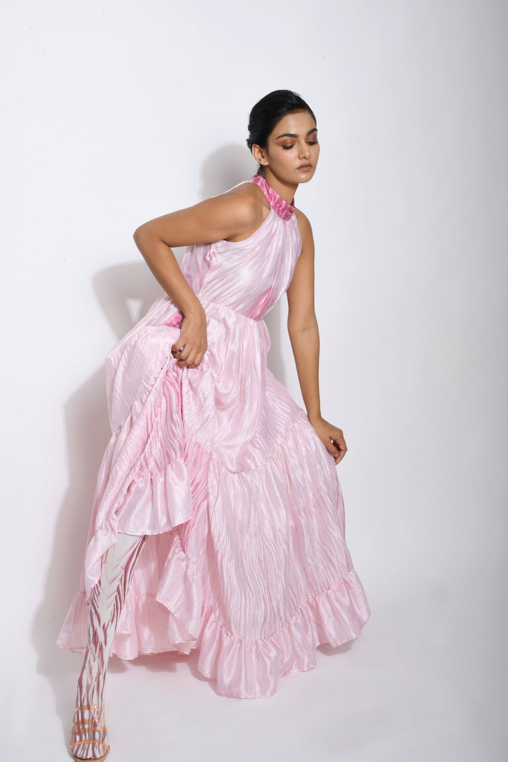 Pink Tiered Dress by The Loom Art with Between The Lines by The Loom Art, Halter Neck Dresses, July Sale, July Sale 2023, Maxi Dresses, Natural, Party Wear, Pink, Regular Fit, Silk, Tiered Dresses, Womenswear at Kamakhyaa for sustainable fashion