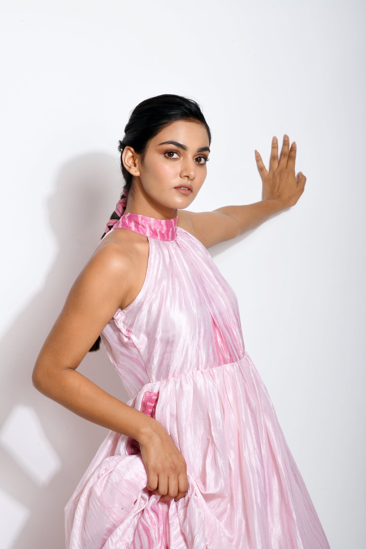 Pink Tiered Dress by The Loom Art with Between The Lines by The Loom Art, Halter Neck Dresses, July Sale, July Sale 2023, Maxi Dresses, Natural, Party Wear, Pink, Regular Fit, Silk, Tiered Dresses, Womenswear at Kamakhyaa for sustainable fashion