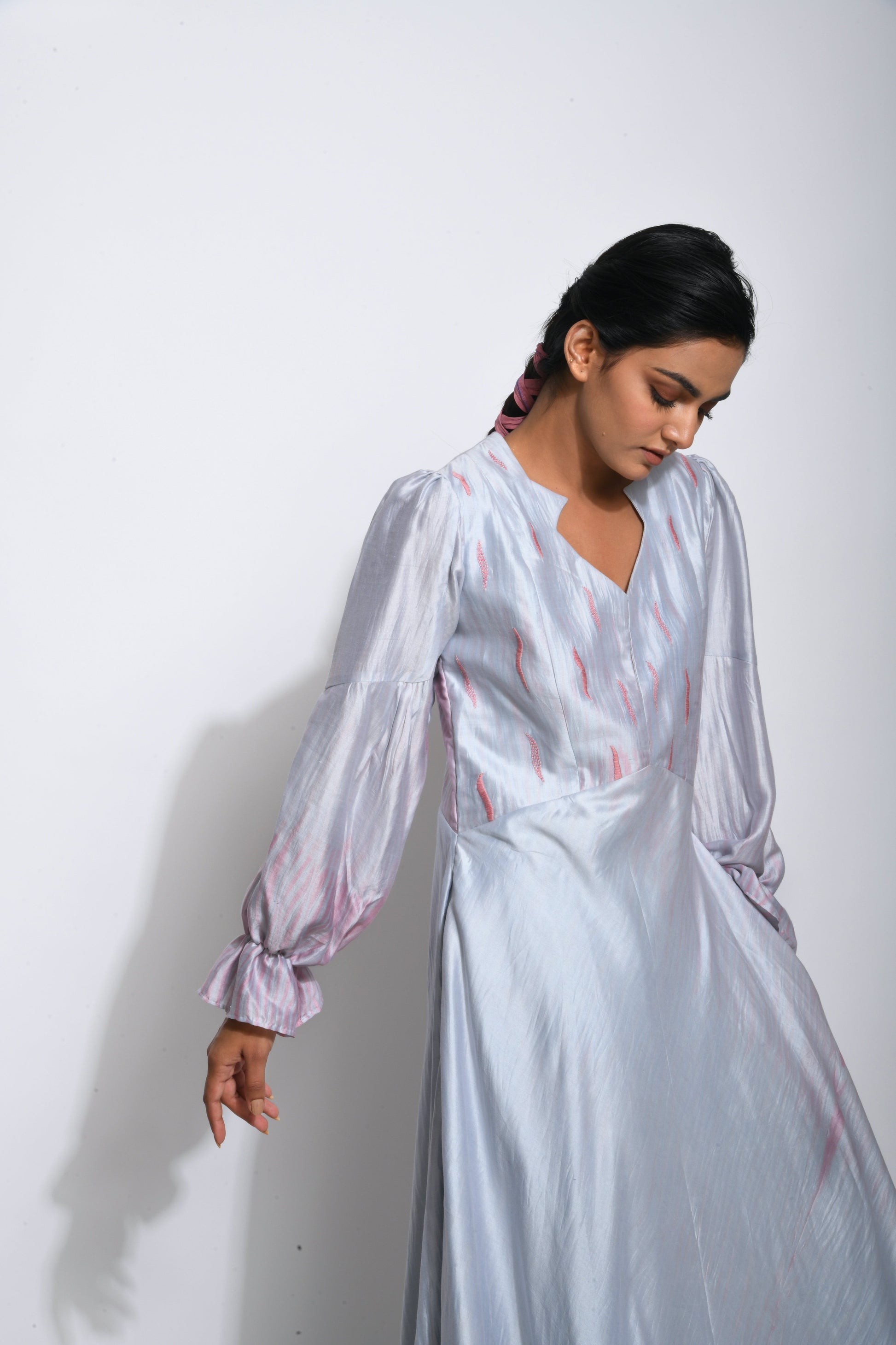 Blue Embroidered Silk Maxi Dress by The Loom Art with Between The Lines by The Loom Art, Blue, July Sale, July Sale 2023, Maxi Dresses, Natural, Party Wear, Regular Fit, Silk Handwoven, Solids, Womenswear at Kamakhyaa for sustainable fashion