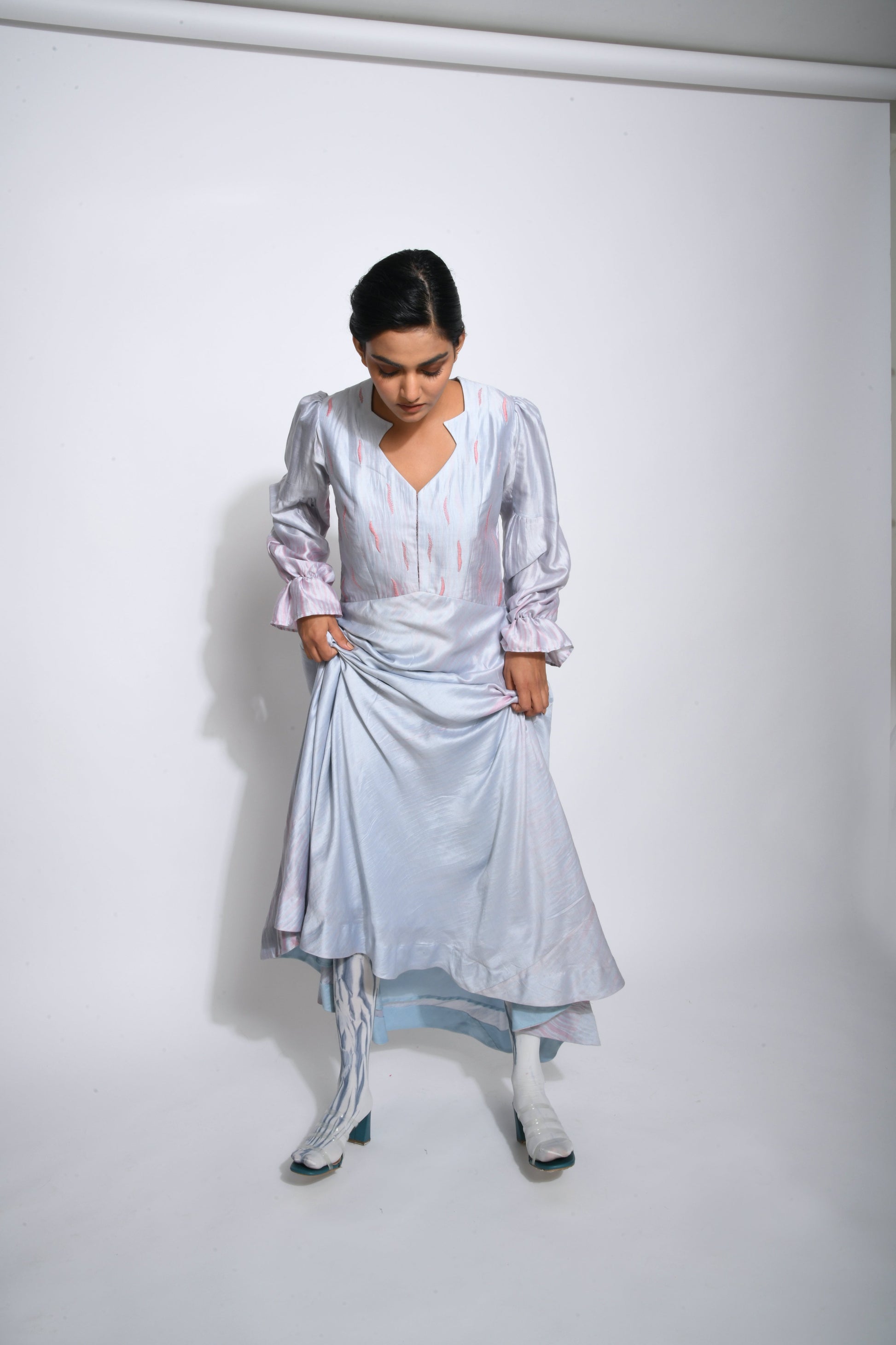 Blue Embroidered Silk Maxi Dress by The Loom Art with Between The Lines by The Loom Art, Blue, July Sale, July Sale 2023, Maxi Dresses, Natural, Party Wear, Regular Fit, Silk Handwoven, Solids, Womenswear at Kamakhyaa for sustainable fashion