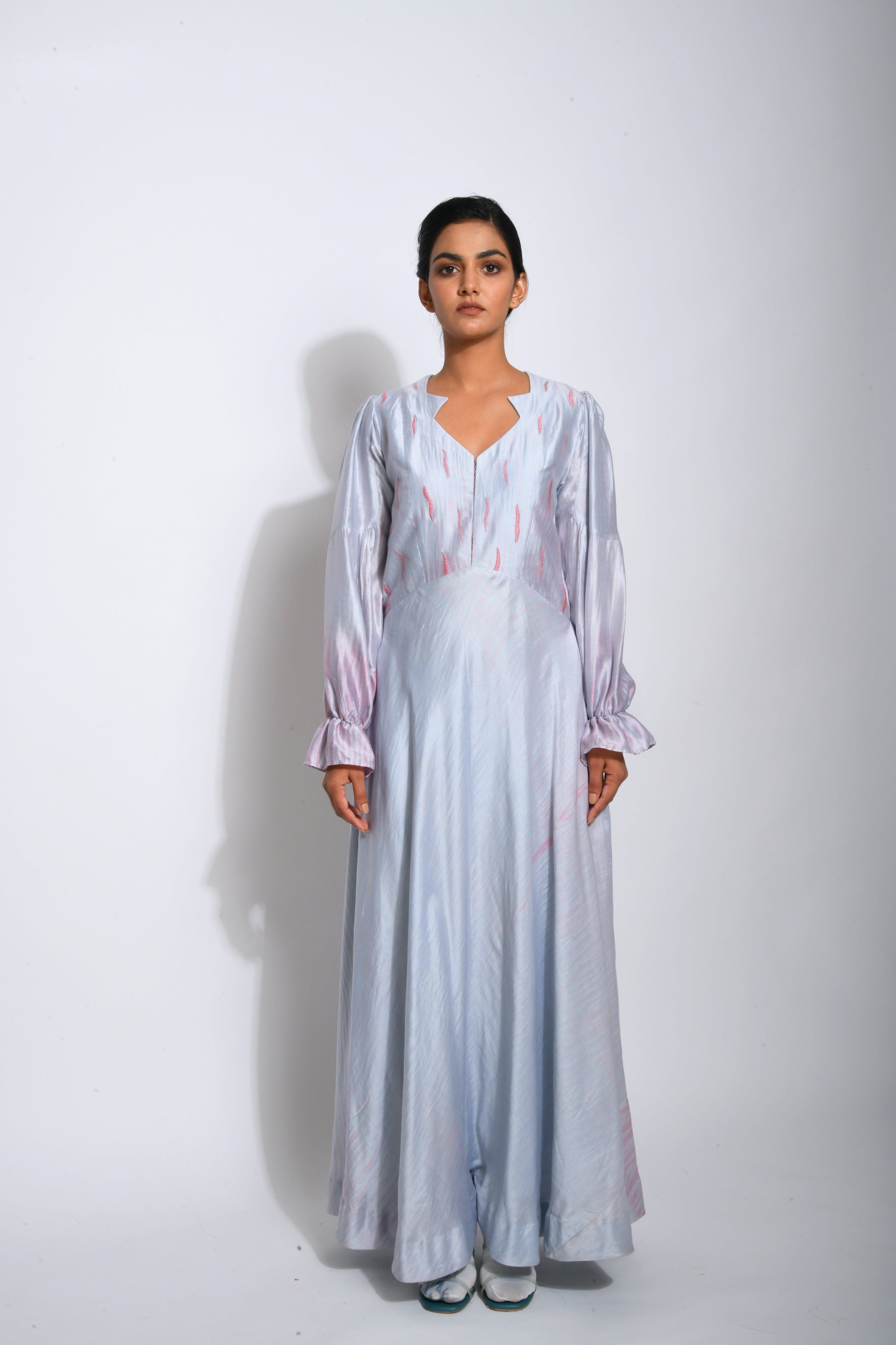 Blue Embroidered Silk Maxi Dress by The Loom Art with Between The Lines by The Loom Art, Blue, July Sale, July Sale 2023, Maxi Dresses, Natural, Party Wear, Regular Fit, Silk Handwoven, Solids, Womenswear at Kamakhyaa for sustainable fashion