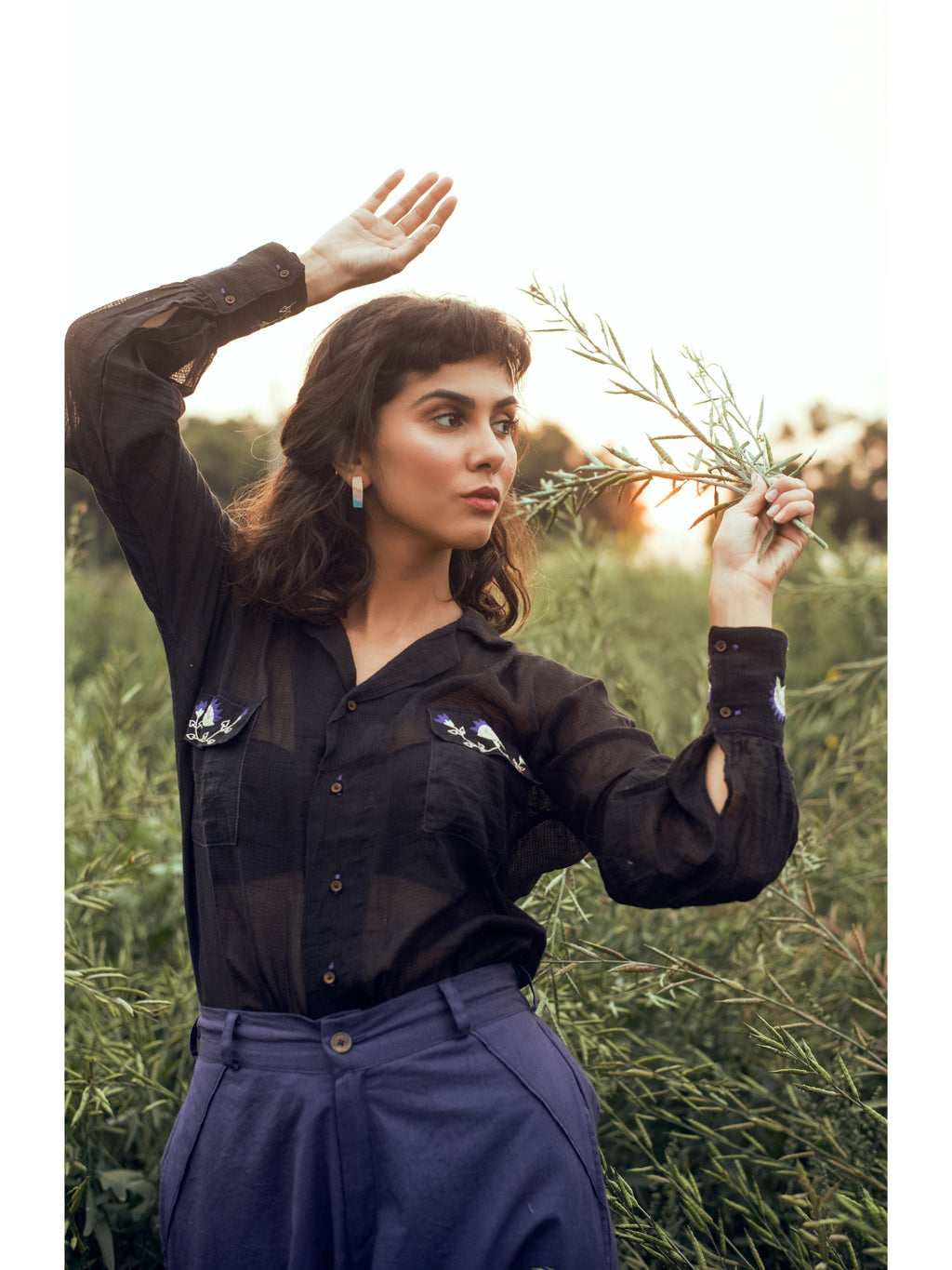 Black Embroidered Shirt by The Loom Art with Black, Embroidered, July Sale, July Sale 2023, Natural, Organic, Party Wear, Permanent Vacation by The Loom Art, Regular Fit, Shirts, Solids, Tops, Womenswear at Kamakhyaa for sustainable fashion