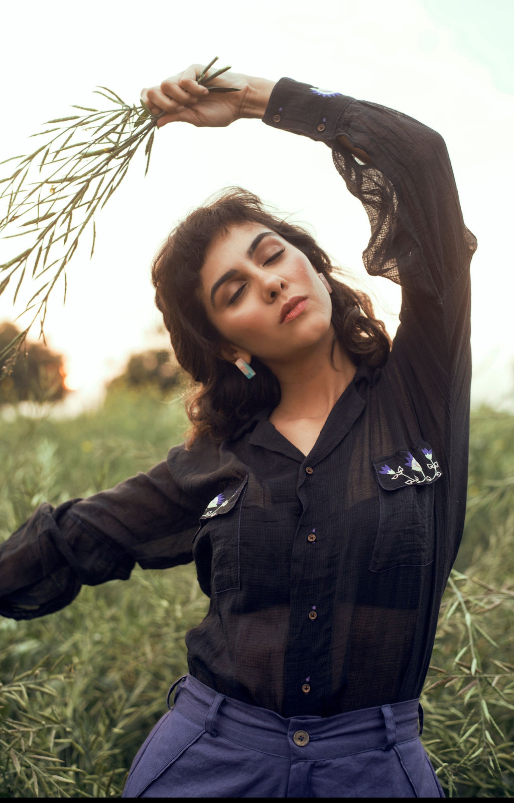 Black Embroidered Shirt by The Loom Art with Black, Embroidered, July Sale, July Sale 2023, Natural, Organic, Party Wear, Permanent Vacation by The Loom Art, Regular Fit, Shirts, Solids, Tops, Womenswear at Kamakhyaa for sustainable fashion