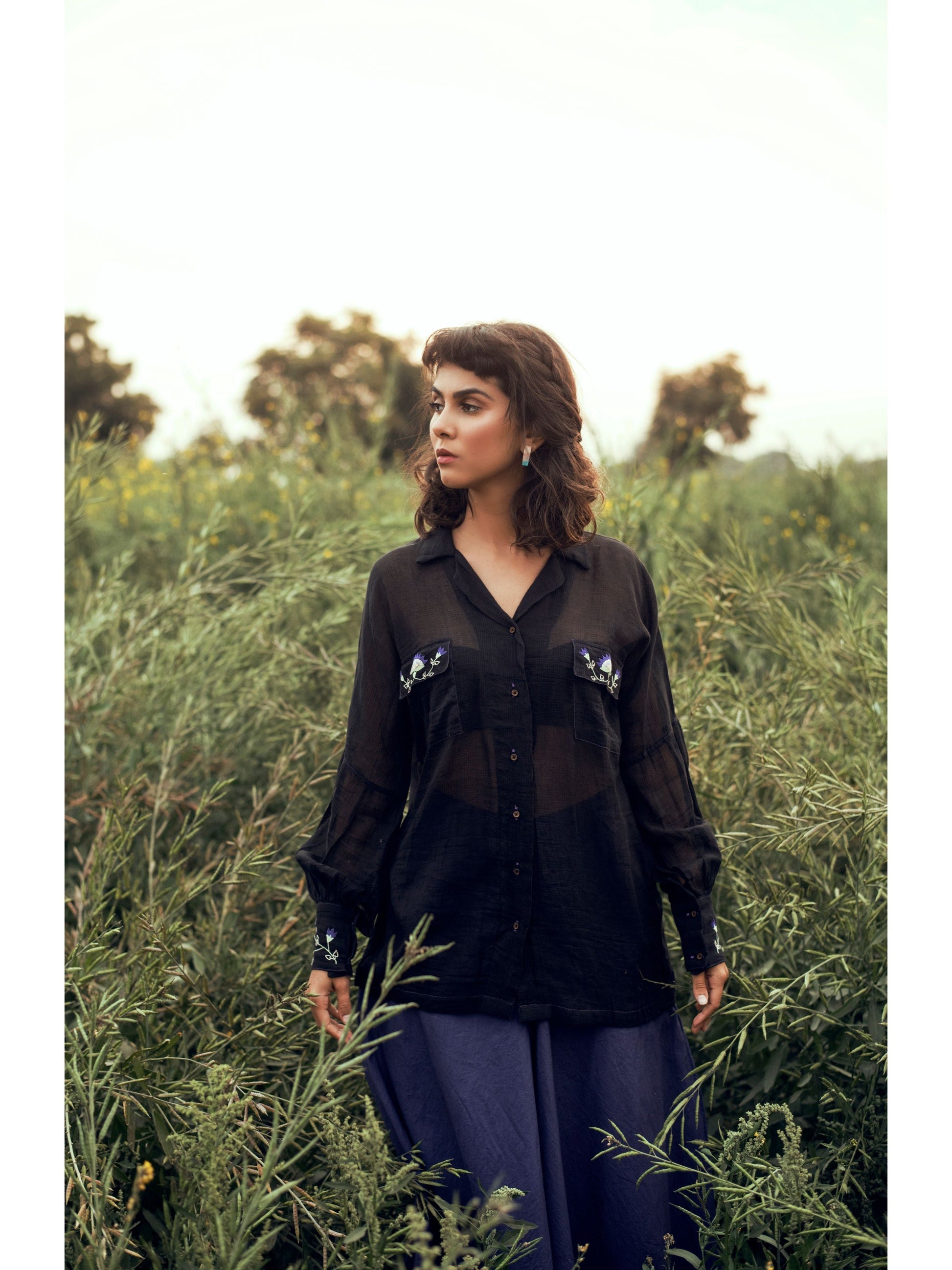 Black Embroidered Shirt by The Loom Art with Black, Embroidered, July Sale, July Sale 2023, Natural, Organic, Party Wear, Permanent Vacation by The Loom Art, Regular Fit, Shirts, Solids, Tops, Womenswear at Kamakhyaa for sustainable fashion
