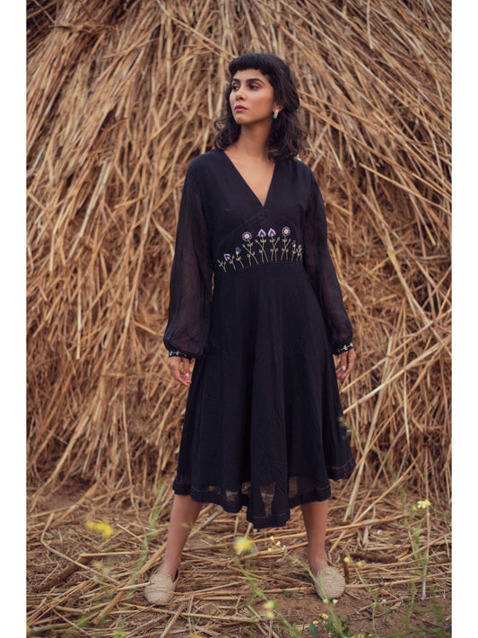 Black Embroidered Midi Dress by The Loom Art with Black, Handwoven Cotton, July Sale, July Sale 2023, Midi Dresses, Natural, Party Wear, Permanent Vacation by The Loom Art, Prints, Regular Fit, Solids, Womenswear at Kamakhyaa for sustainable fashion