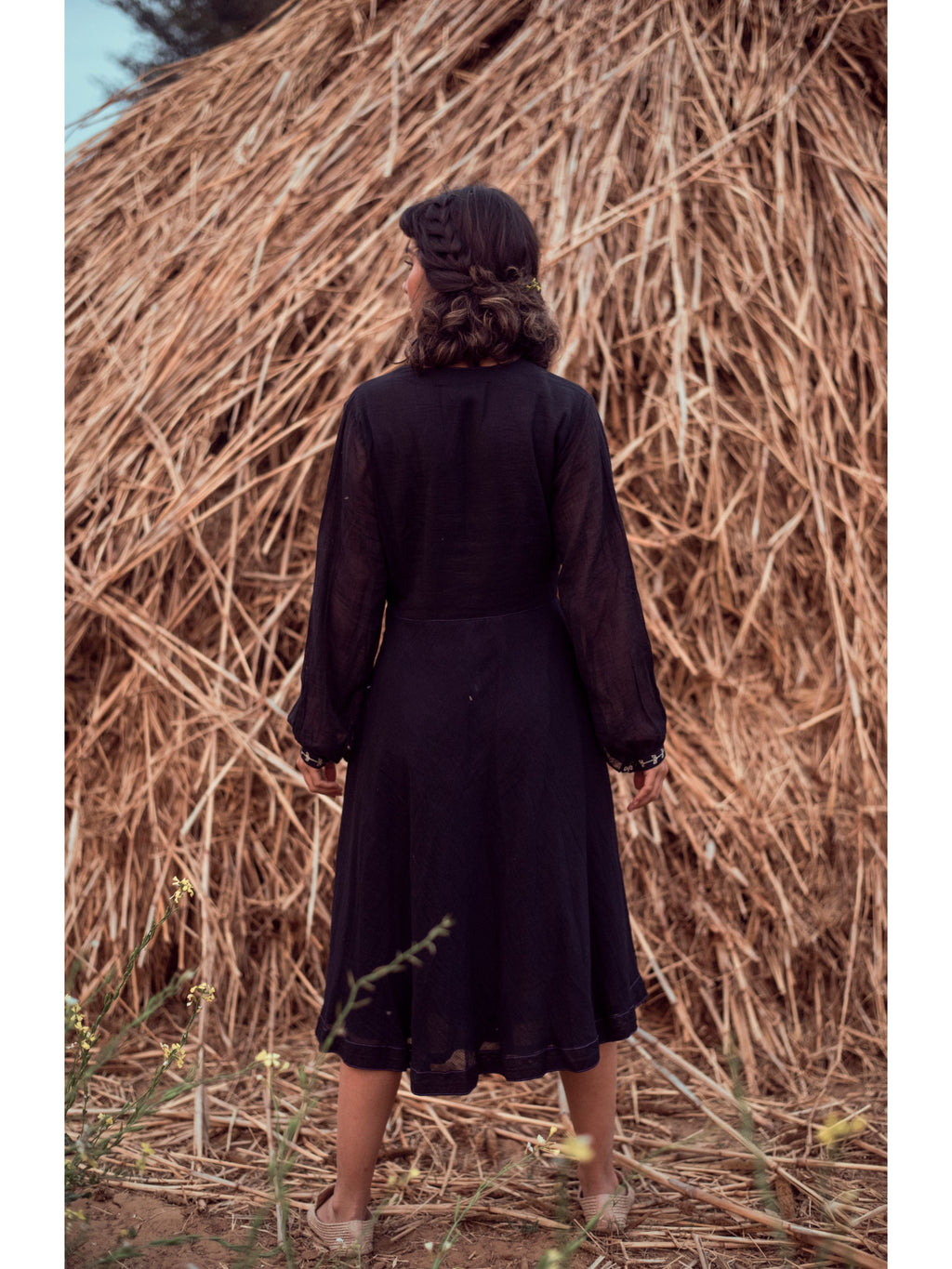 Black Embroidered Midi Dress by The Loom Art with Black, Handwoven Cotton, July Sale, July Sale 2023, Midi Dresses, Natural, Party Wear, Permanent Vacation by The Loom Art, Prints, Regular Fit, Solids, Womenswear at Kamakhyaa for sustainable fashion