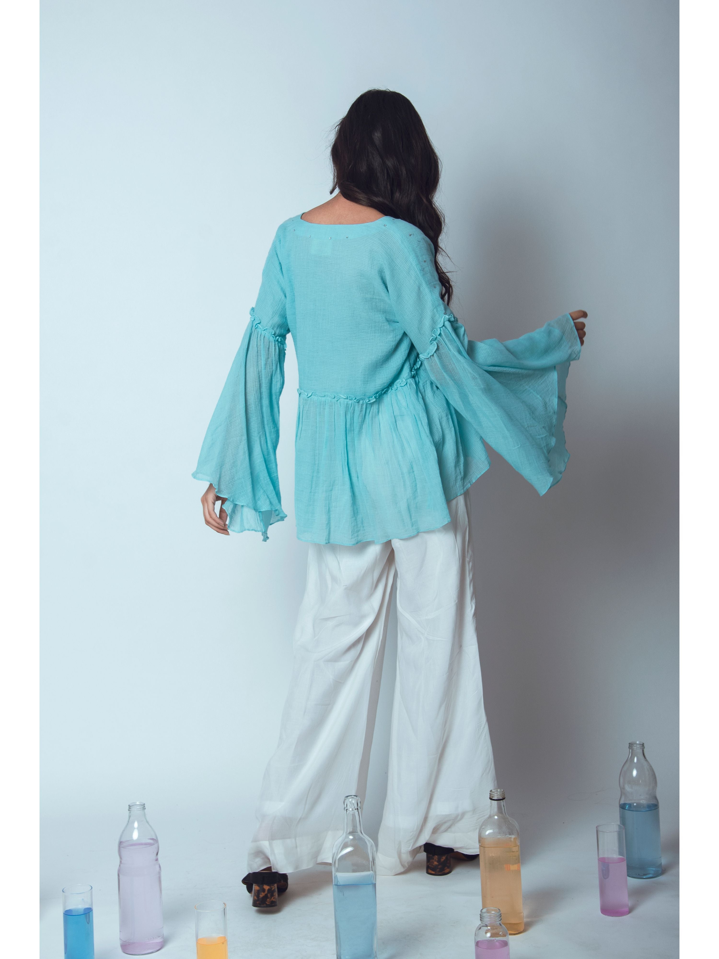 Blue Embroidered Tunic Top by The Loom Art with Blouses, Blue, Euphoria by The Loom Art, July Sale, July Sale 2023, kota Slub, Natural, Party Wear, Regular Fit, Tops, Womenswear at Kamakhyaa for sustainable fashion