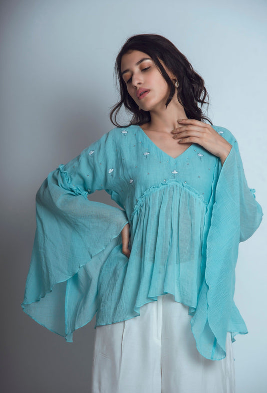 Blue Embroidered Tunic Top by The Loom Art with Blouses, Blue, Euphoria by The Loom Art, July Sale, July Sale 2023, kota Slub, Natural, Party Wear, Regular Fit, Tops, Womenswear at Kamakhyaa for sustainable fashion