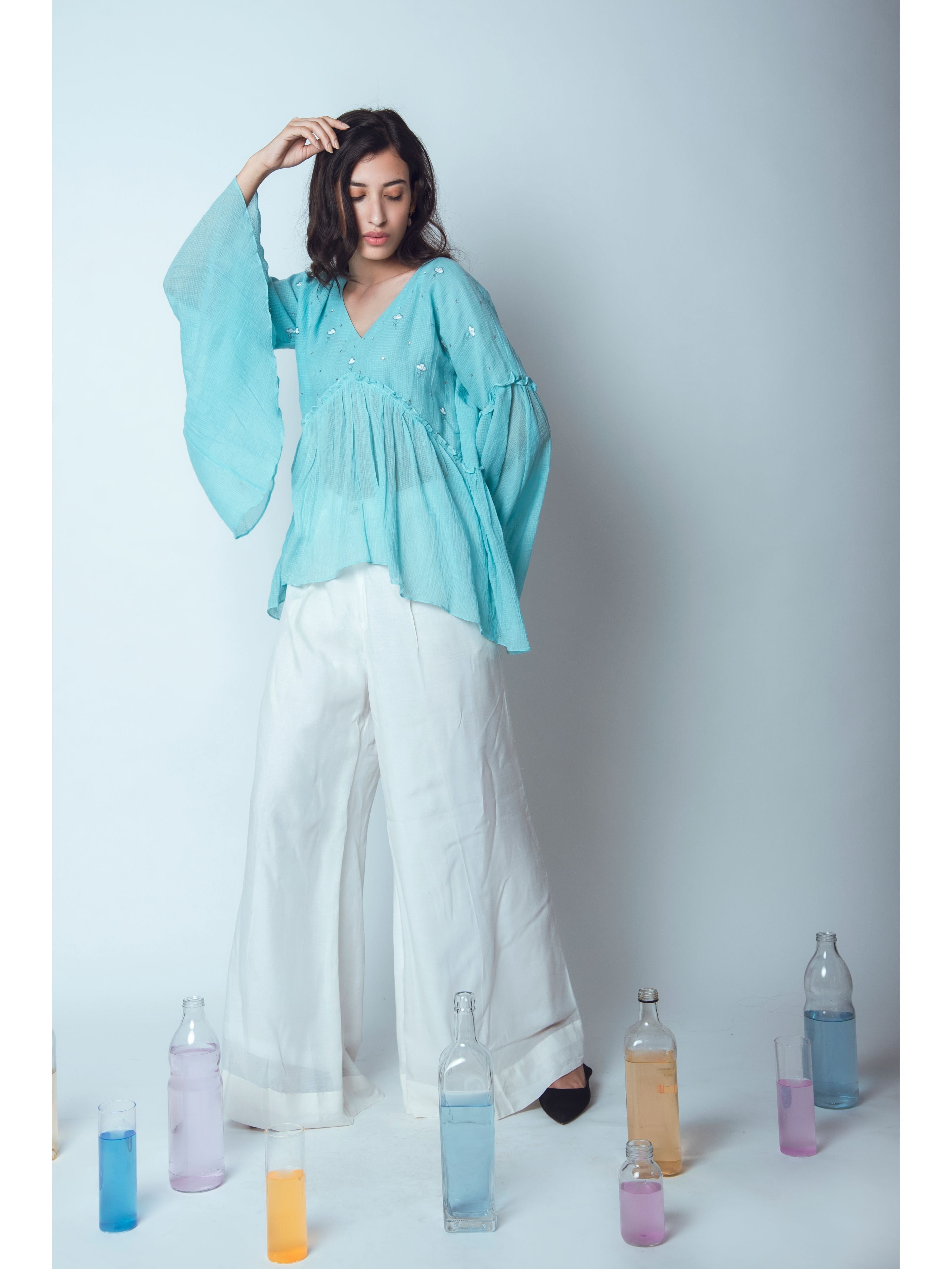 Blue Embroidered Tunic Top by The Loom Art with Blouses, Blue, Euphoria by The Loom Art, July Sale, July Sale 2023, kota Slub, Natural, Party Wear, Regular Fit, Tops, Womenswear at Kamakhyaa for sustainable fashion