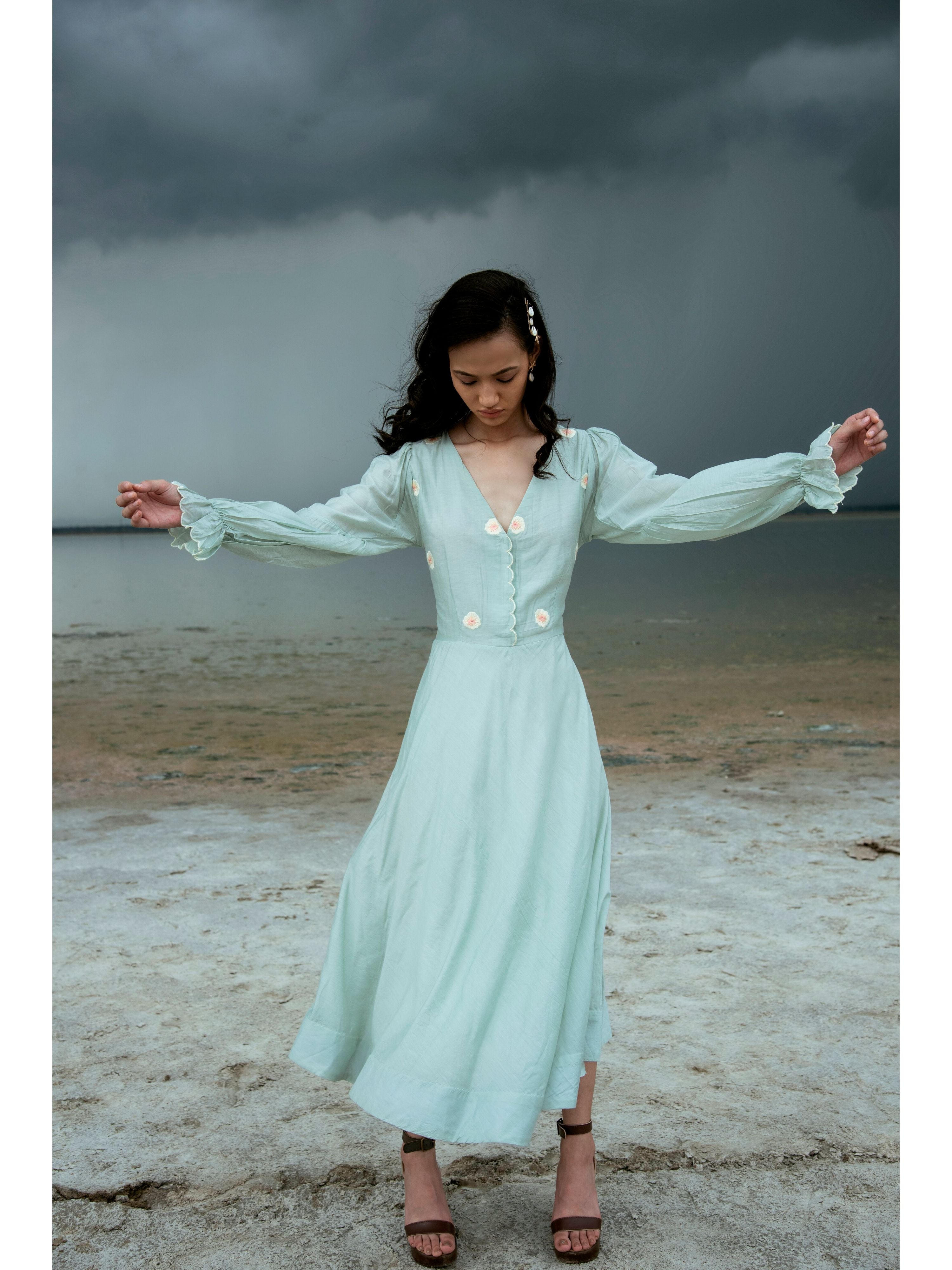 Blue Embroidered Maxi Dress by The Loom Art with Blue, Chanderi Silk, July Sale, July Sale 2023, Maxi Dresses, Natural, Party Wear, Regular Fit, Serendipity by The Loom Art, Solid Selfmade, Solids, Womenswear at Kamakhyaa for sustainable fashion