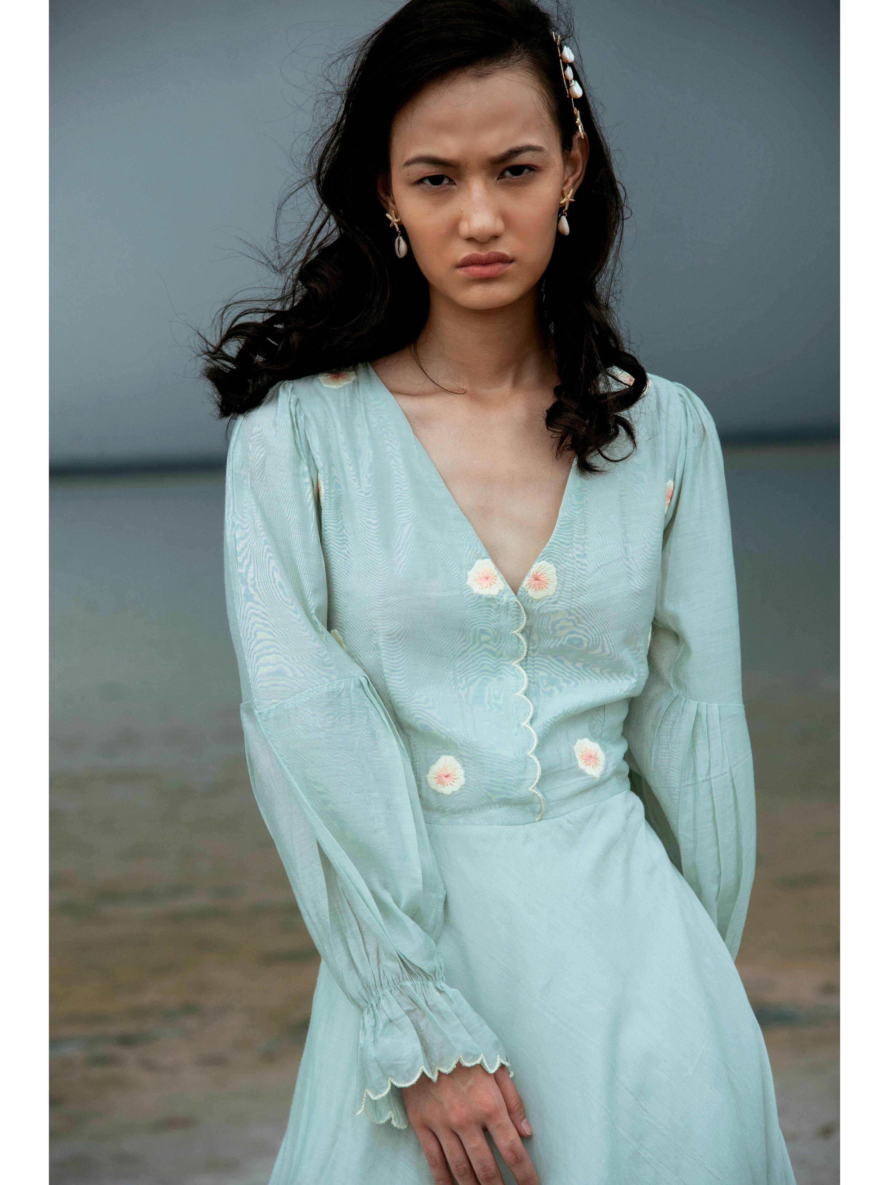 Blue Embroidered Maxi Dress by The Loom Art with Blue, Chanderi Silk, July Sale, July Sale 2023, Maxi Dresses, Natural, Party Wear, Regular Fit, Serendipity by The Loom Art, Solid Selfmade, Solids, Womenswear at Kamakhyaa for sustainable fashion