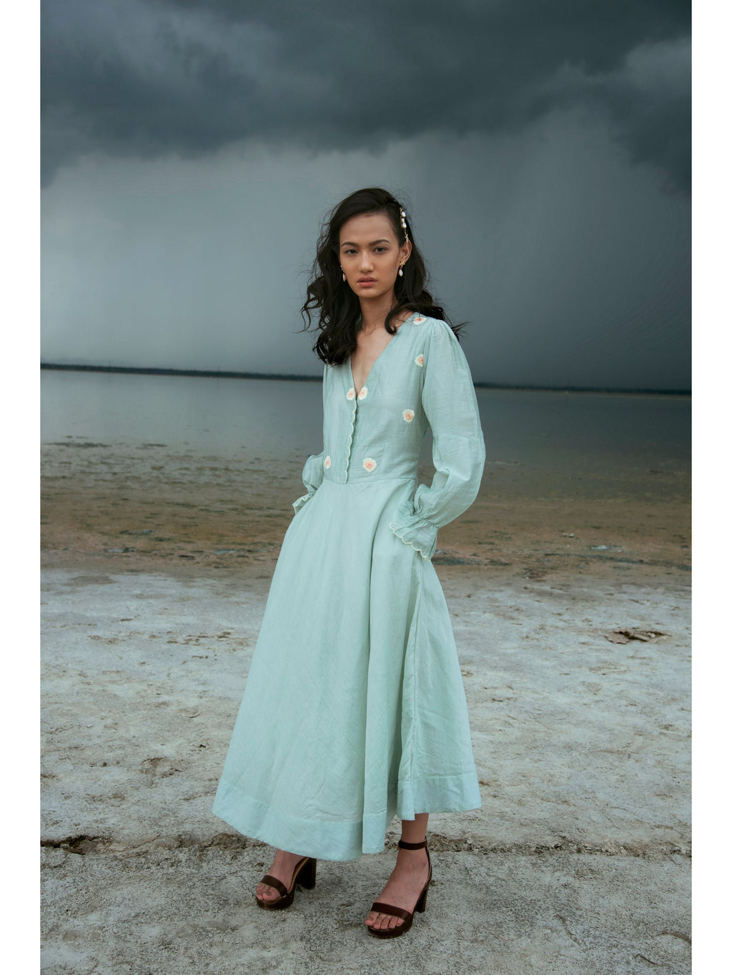 Blue Embroidered Maxi Dress by The Loom Art with Blue, Chanderi Silk, July Sale, July Sale 2023, Maxi Dresses, Natural, Party Wear, Regular Fit, Serendipity by The Loom Art, Solid Selfmade, Solids, Womenswear at Kamakhyaa for sustainable fashion