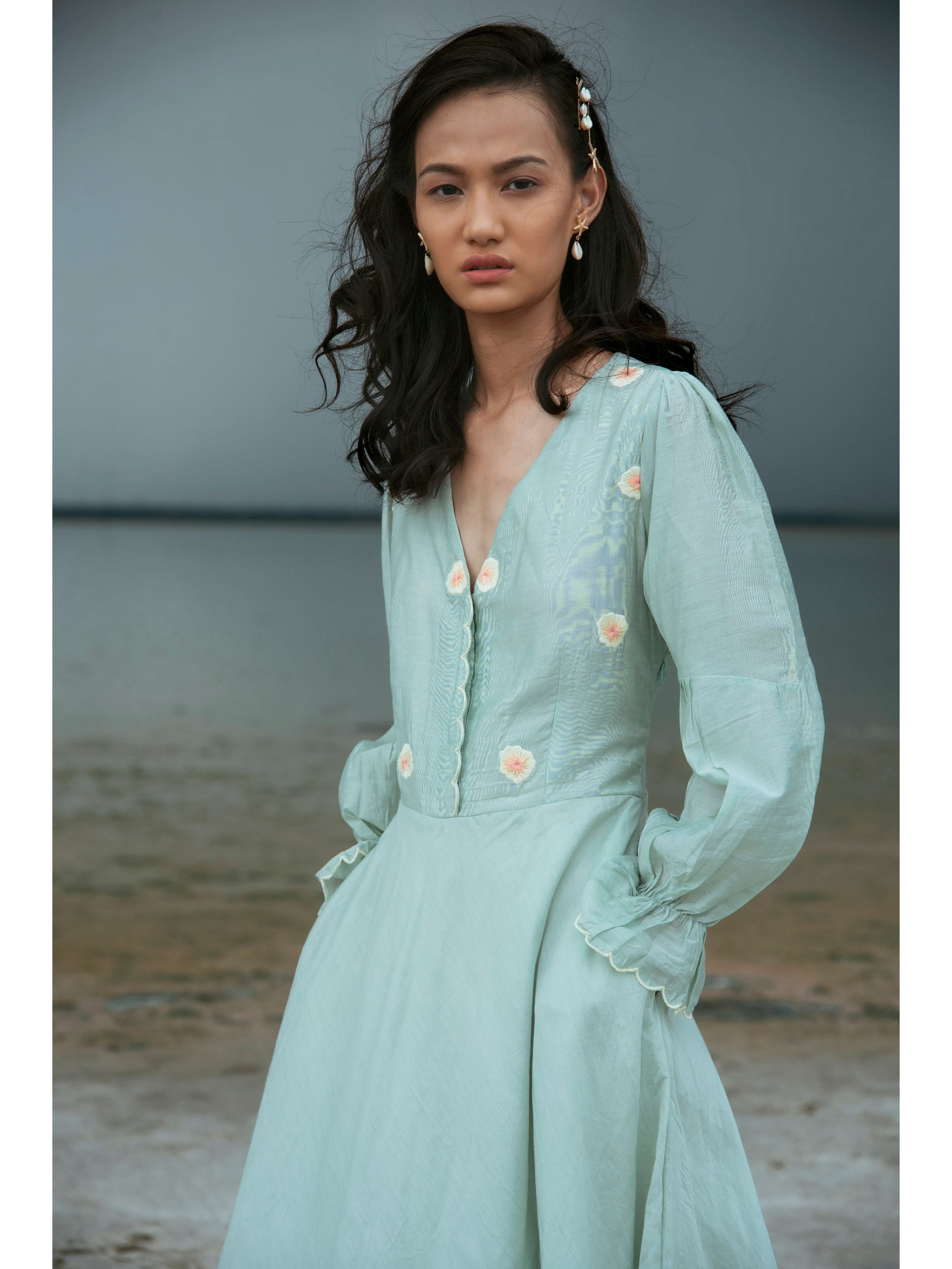 Blue Embroidered Maxi Dress by The Loom Art with Blue, Chanderi Silk, July Sale, July Sale 2023, Maxi Dresses, Natural, Party Wear, Regular Fit, Serendipity by The Loom Art, Solid Selfmade, Solids, Womenswear at Kamakhyaa for sustainable fashion