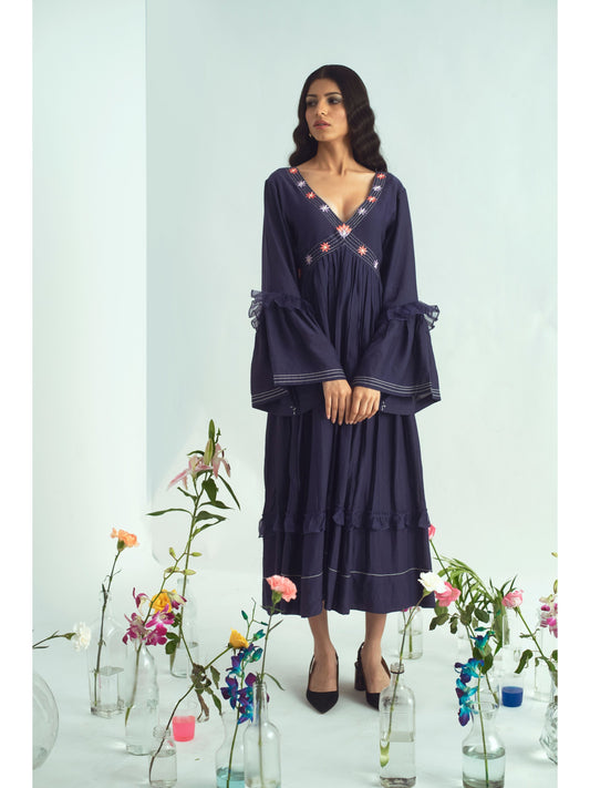 Blue Embroidered Midi Dress by The Loom Art with Blue, Cotton, Euphoria by The Loom Art, July Sale, July Sale 2023, Midi Dresses, Natural, Party Wear, Regular Fit, Silk Organza, Womenswear at Kamakhyaa for sustainable fashion