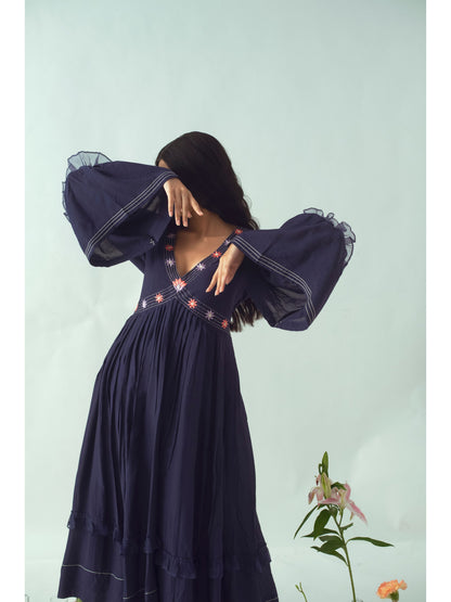 Blue Embroidered Midi Dress by The Loom Art with Blue, Cotton, Euphoria by The Loom Art, July Sale, July Sale 2023, Midi Dresses, Natural, Party Wear, Regular Fit, Silk Organza, Womenswear at Kamakhyaa for sustainable fashion