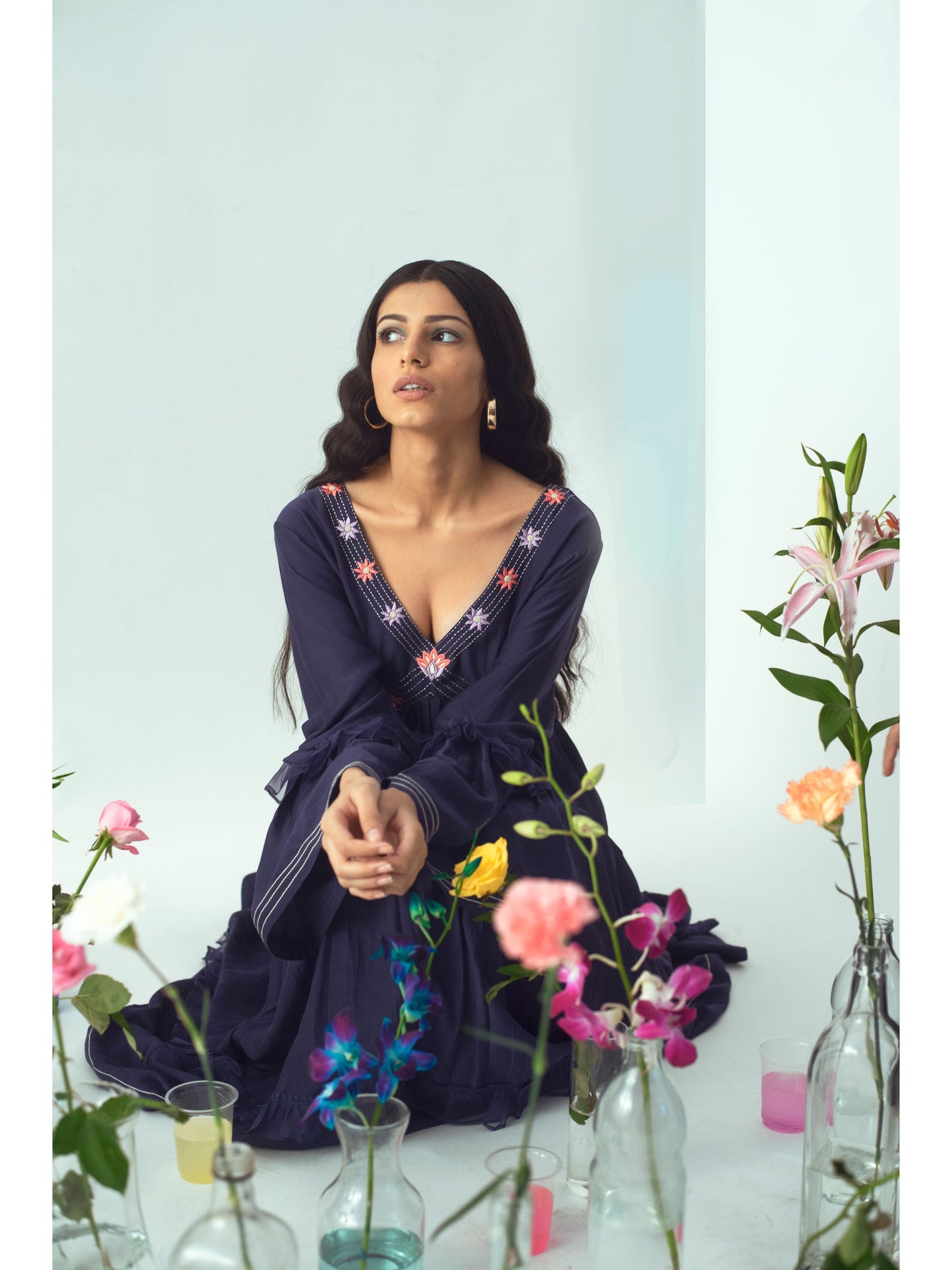Blue Embroidered Midi Dress by The Loom Art with Blue, Cotton, Euphoria by The Loom Art, July Sale, July Sale 2023, Midi Dresses, Natural, Party Wear, Regular Fit, Silk Organza, Womenswear at Kamakhyaa for sustainable fashion