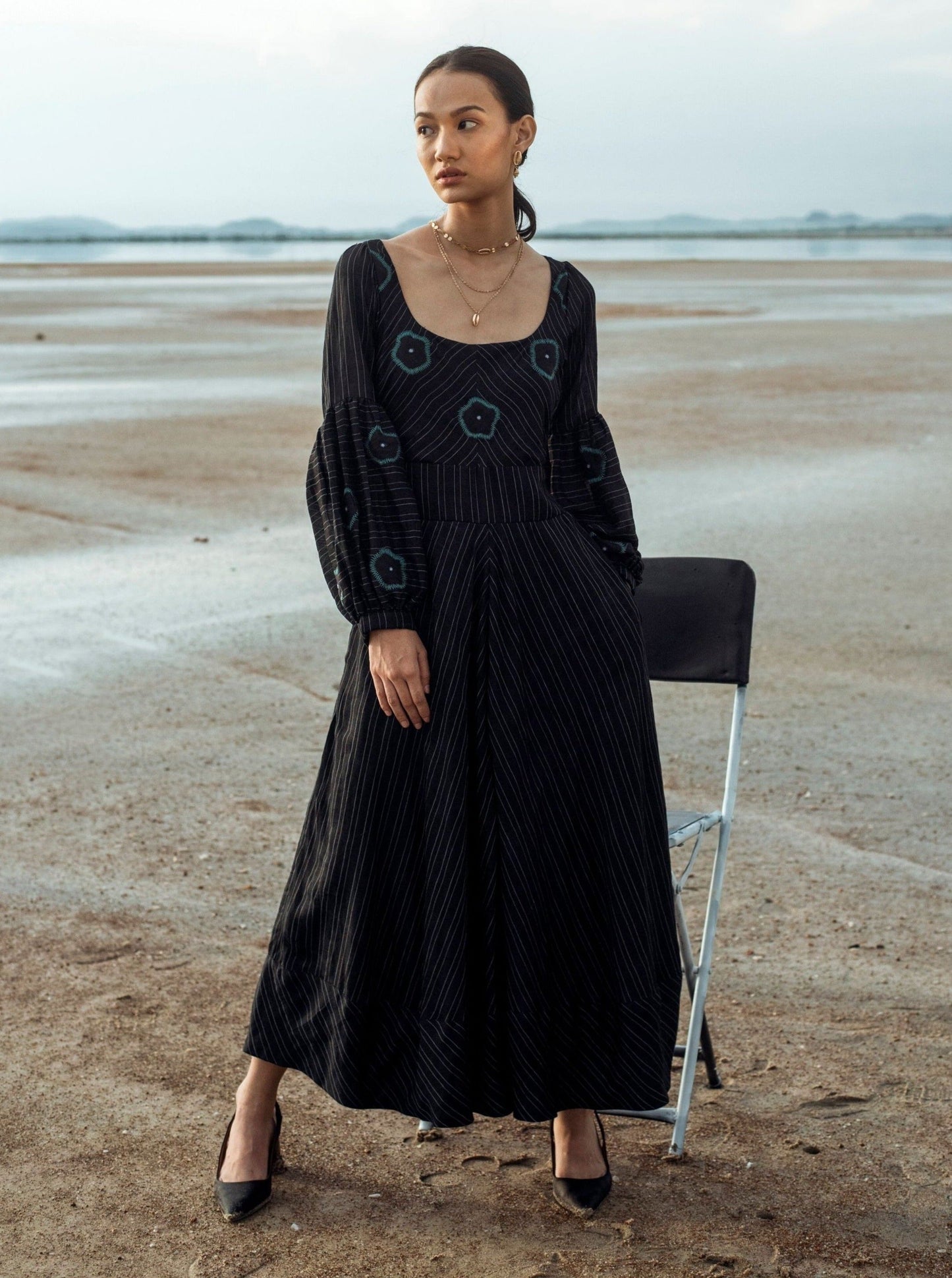 Black Embroidered Midi Dress Dresses Black, Dresses, Natural, Regular Fit, Serendipity The Loom Art Kamakhyaa
