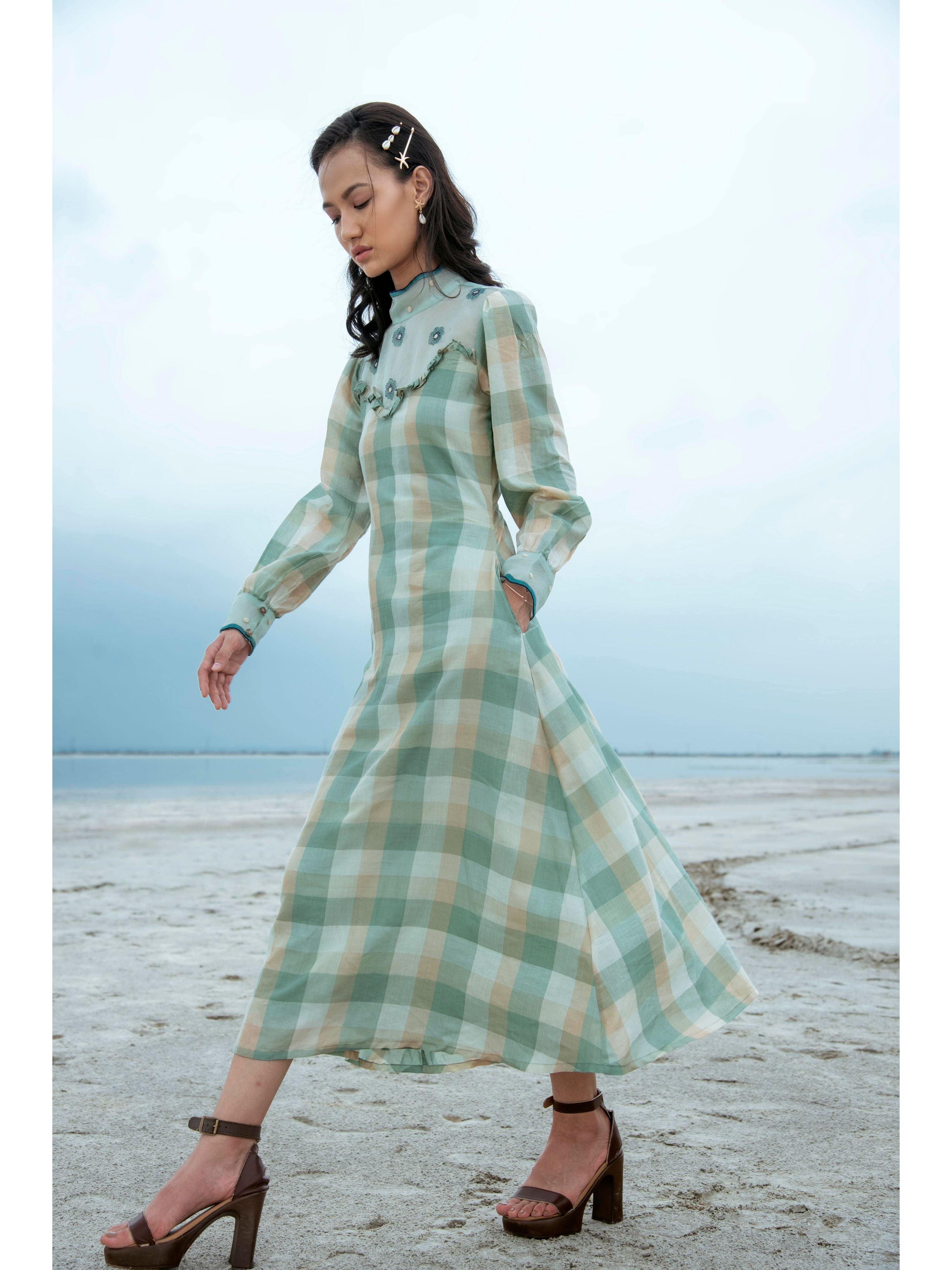 Green Embroidered Checks Maxi Dress by The Loom Art with Blue, Green, July Sale, July Sale 2023, Maxi Dresses, Natural, Party Wear, Regular Fit, Serendipity by The Loom Art, Silk Handwoven, Womenswear at Kamakhyaa for sustainable fashion