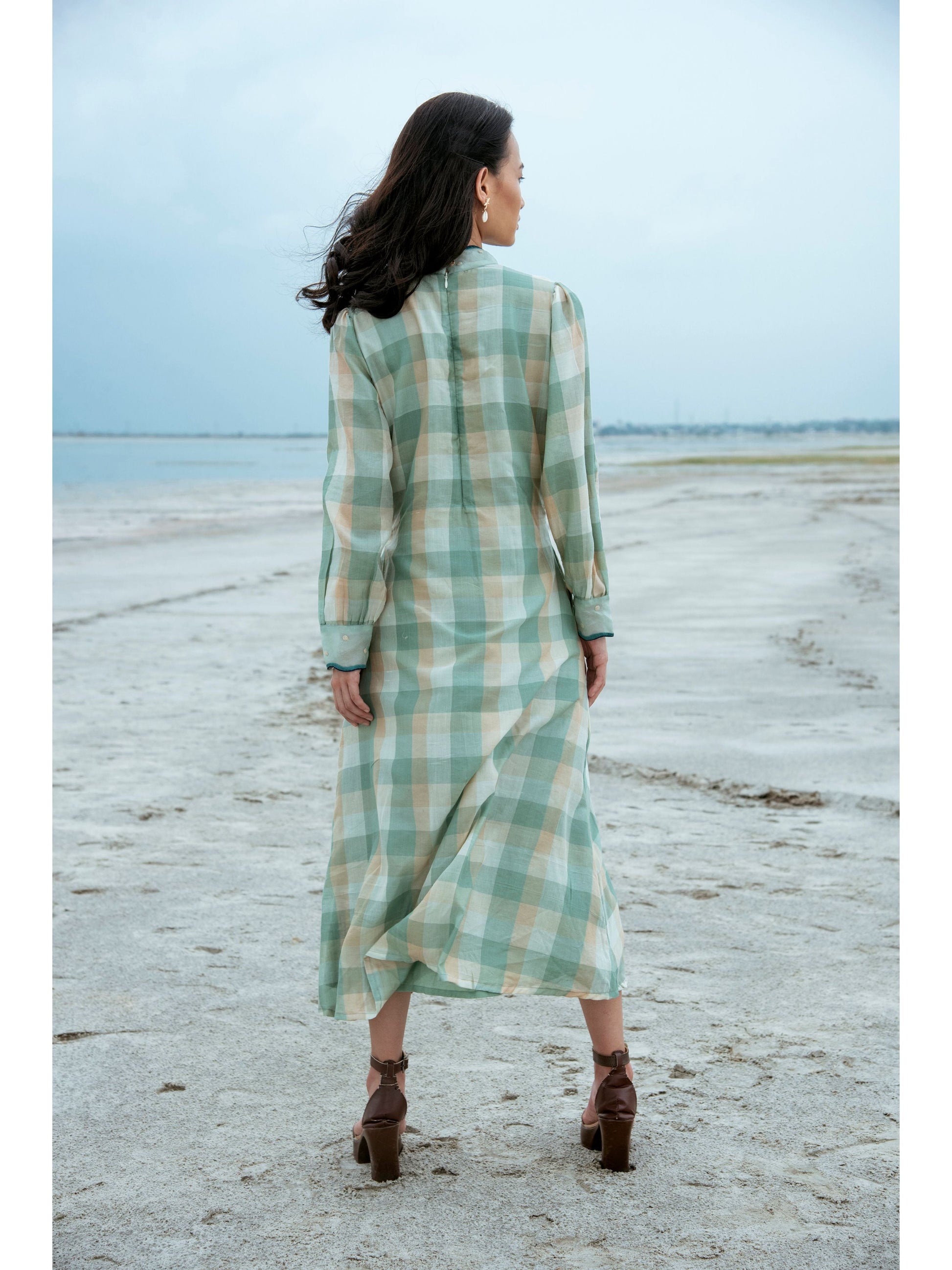 Green Embroidered Checks Maxi Dress by The Loom Art with Blue, Green, July Sale, July Sale 2023, Maxi Dresses, Natural, Party Wear, Regular Fit, Serendipity by The Loom Art, Silk Handwoven, Womenswear at Kamakhyaa for sustainable fashion