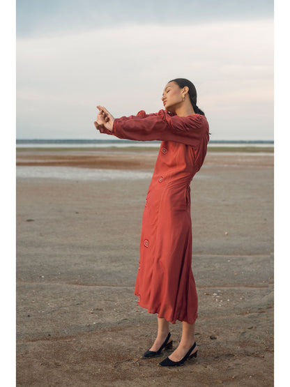 Red Embroidered Midi Dress by The Loom Art with Cotton Silk, July Sale, July Sale 2023, Midi Dresses, Natural, Party Wear, Red, Regular Fit, Serendipity by The Loom Art, Solids, Womenswear at Kamakhyaa for sustainable fashion